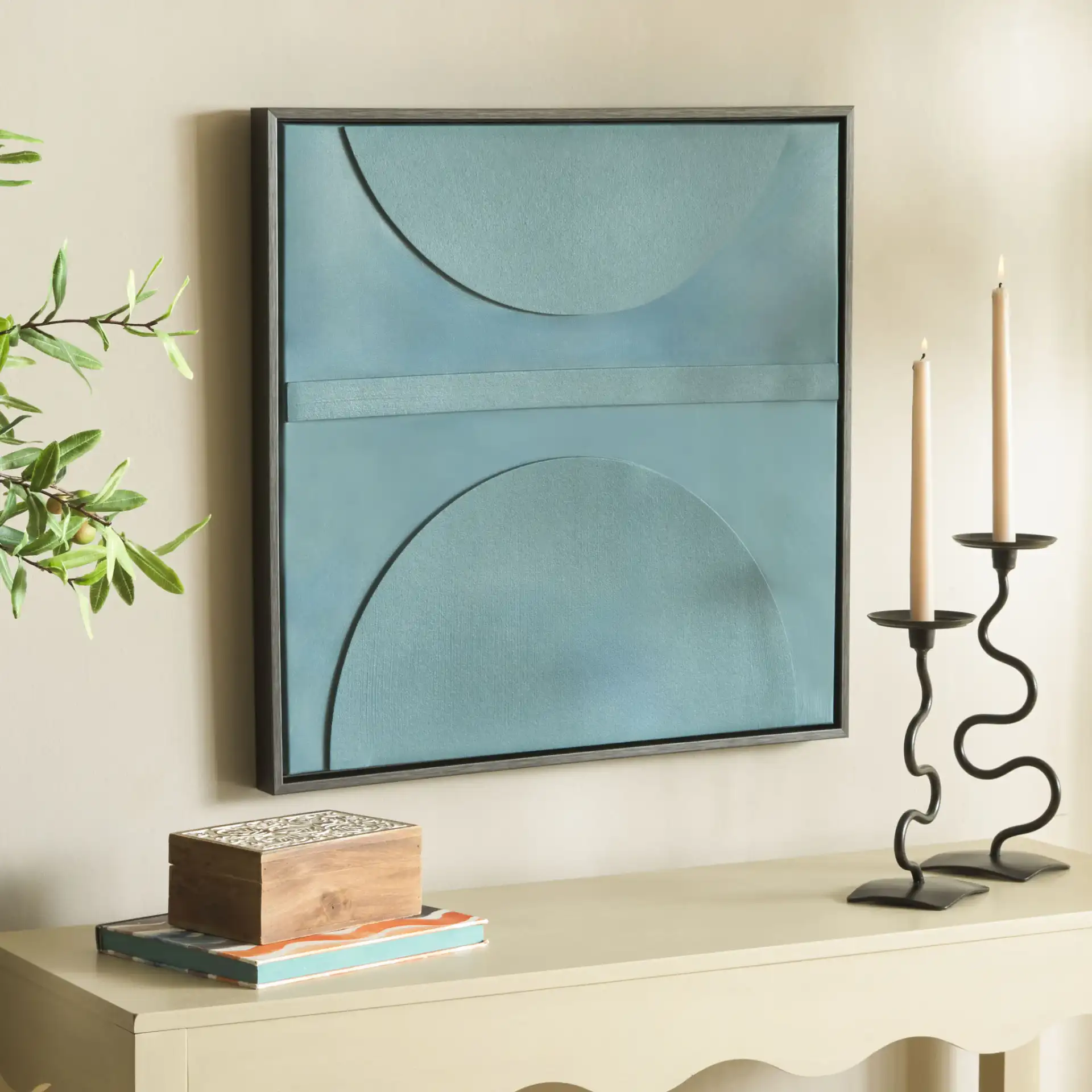 Around The Block Art in Blue Gray in a styled room