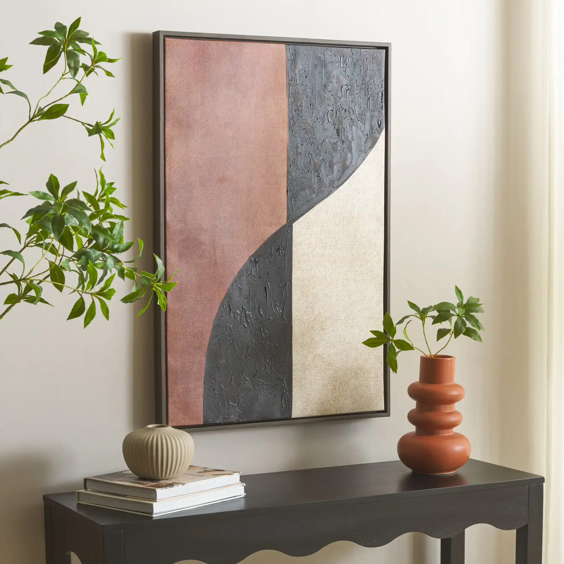 Meet Me Halfway Art in Burnt Orange / Black in a styled room
