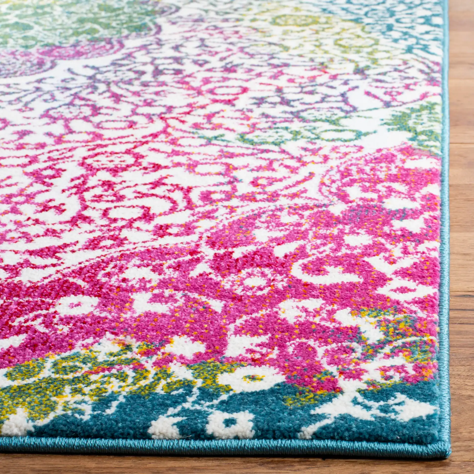 Watercolor Floral Medallion Rug in Ivory / Fuchsia in a styled room