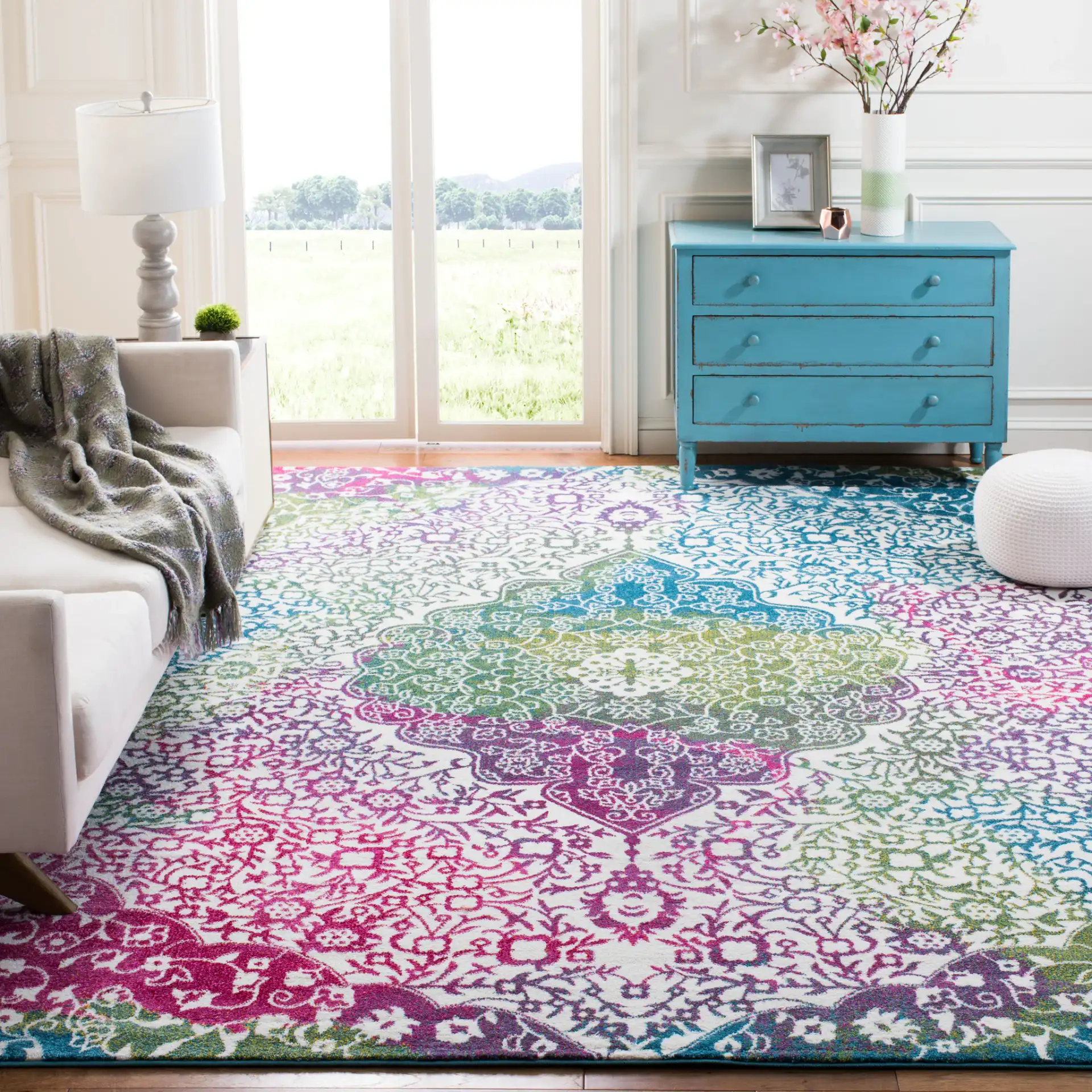 Watercolor Floral Medallion Rug in Ivory / Fuchsia in a styled room