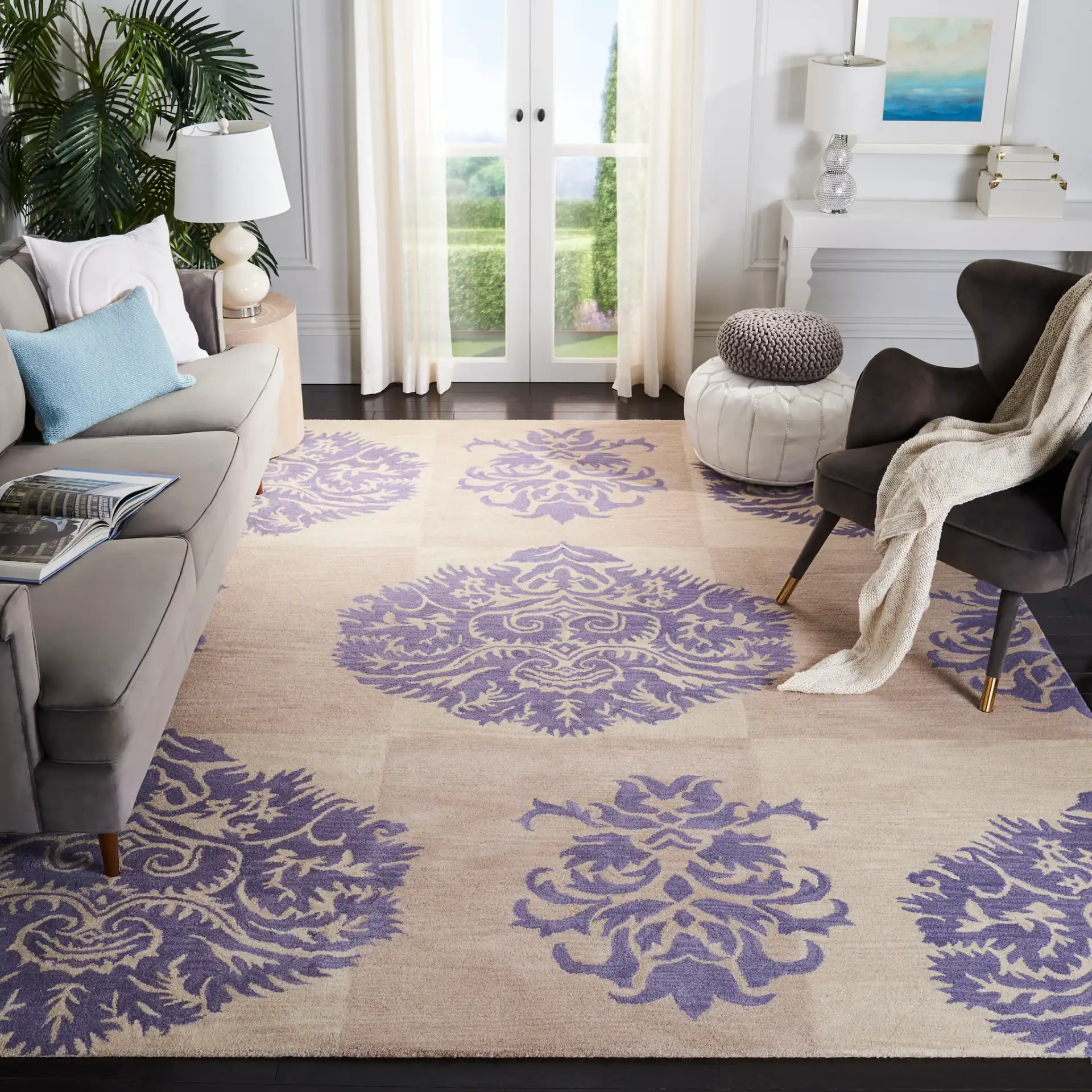 Wyndham Damask Block Hand-Tufted Wool Rug in Beige / Lavender in a styled room