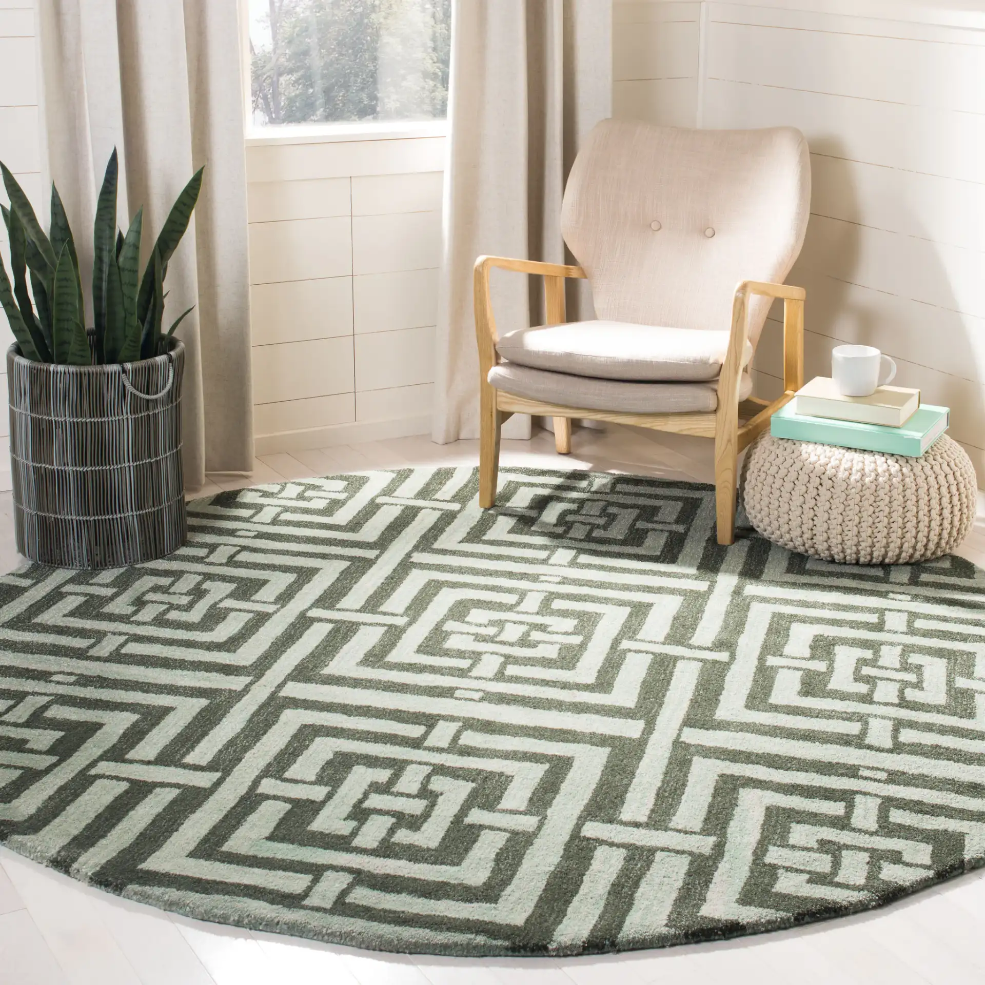 Wyndham Euclid Hand-Tufted Wool Rug in Sage in a styled room