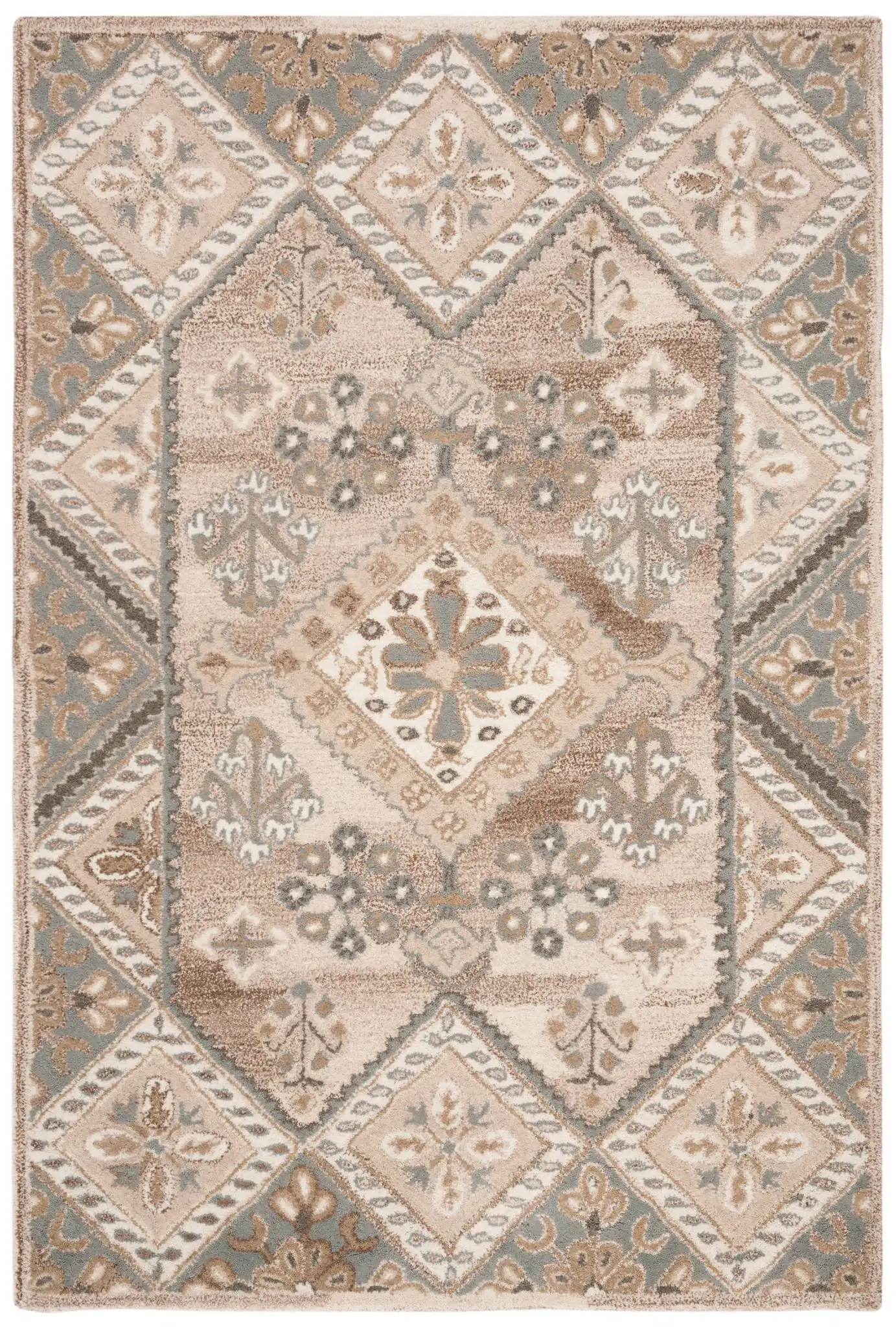 Wyndham Diamond Medallion Hand-Tufted Wool Rug in Ivory / Gray