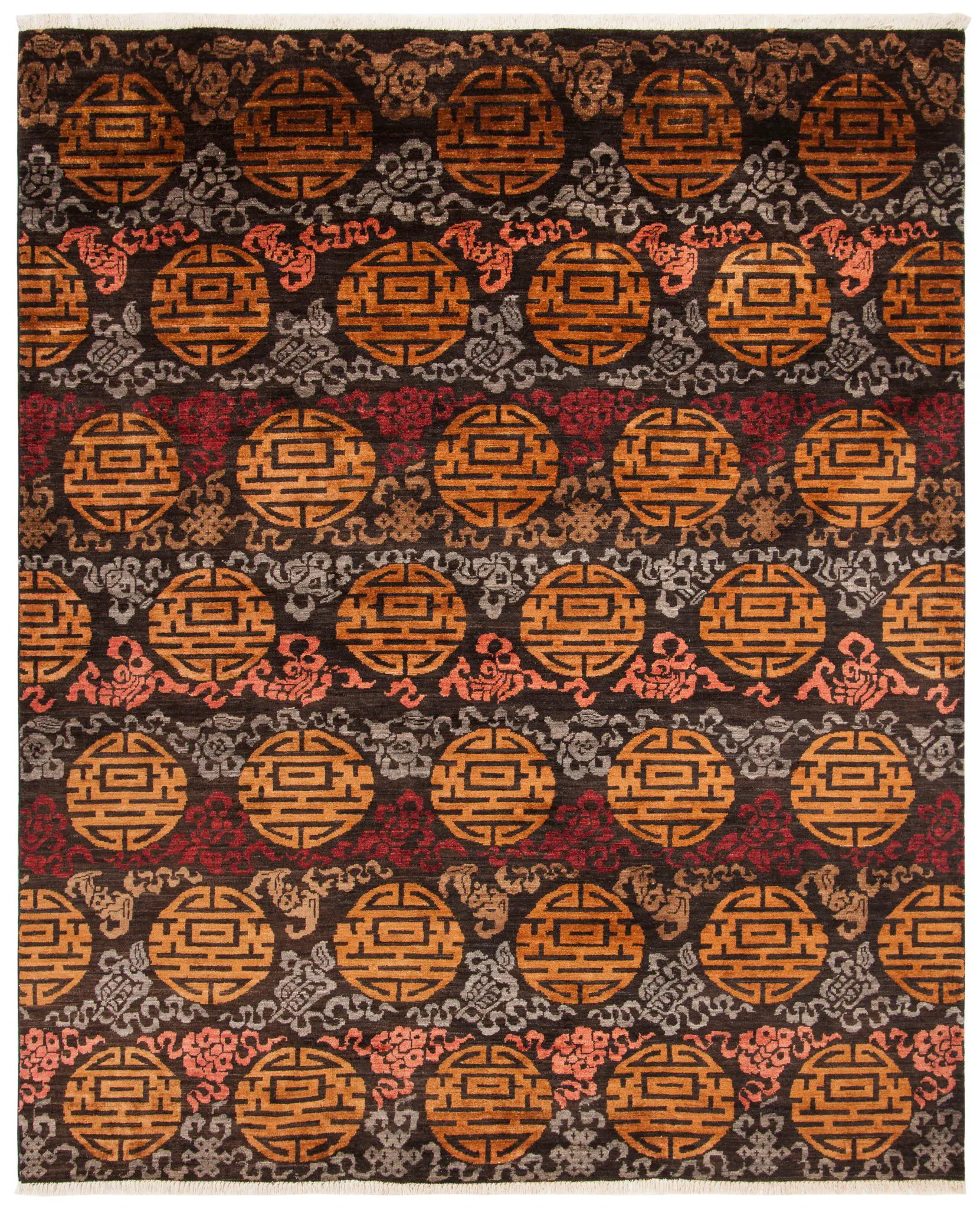 Asian Fusion Emblem Banded Hand-Knotted Wool Rug
