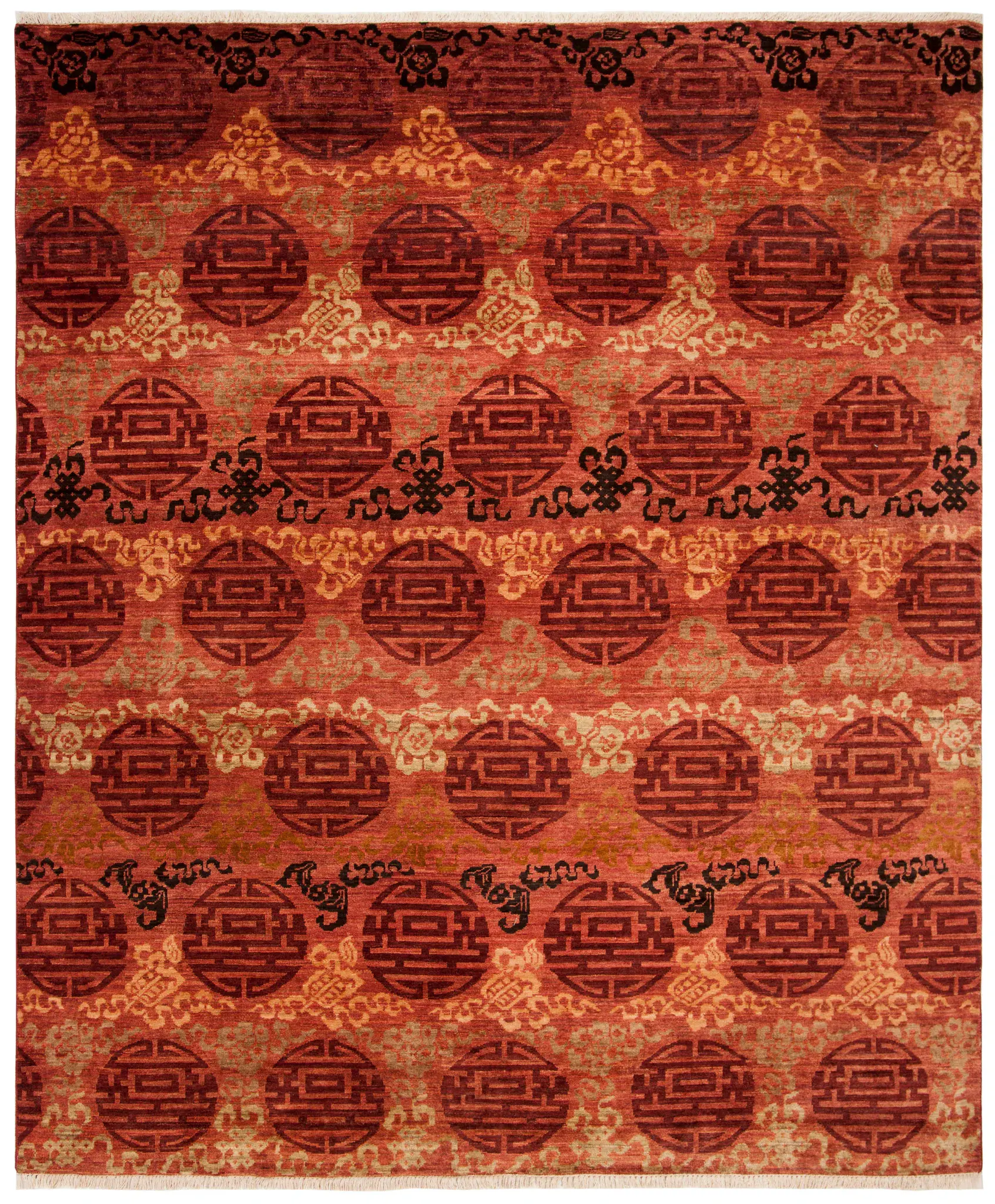 Asian Fusion Emblem Banded Hand-Knotted Wool Rug