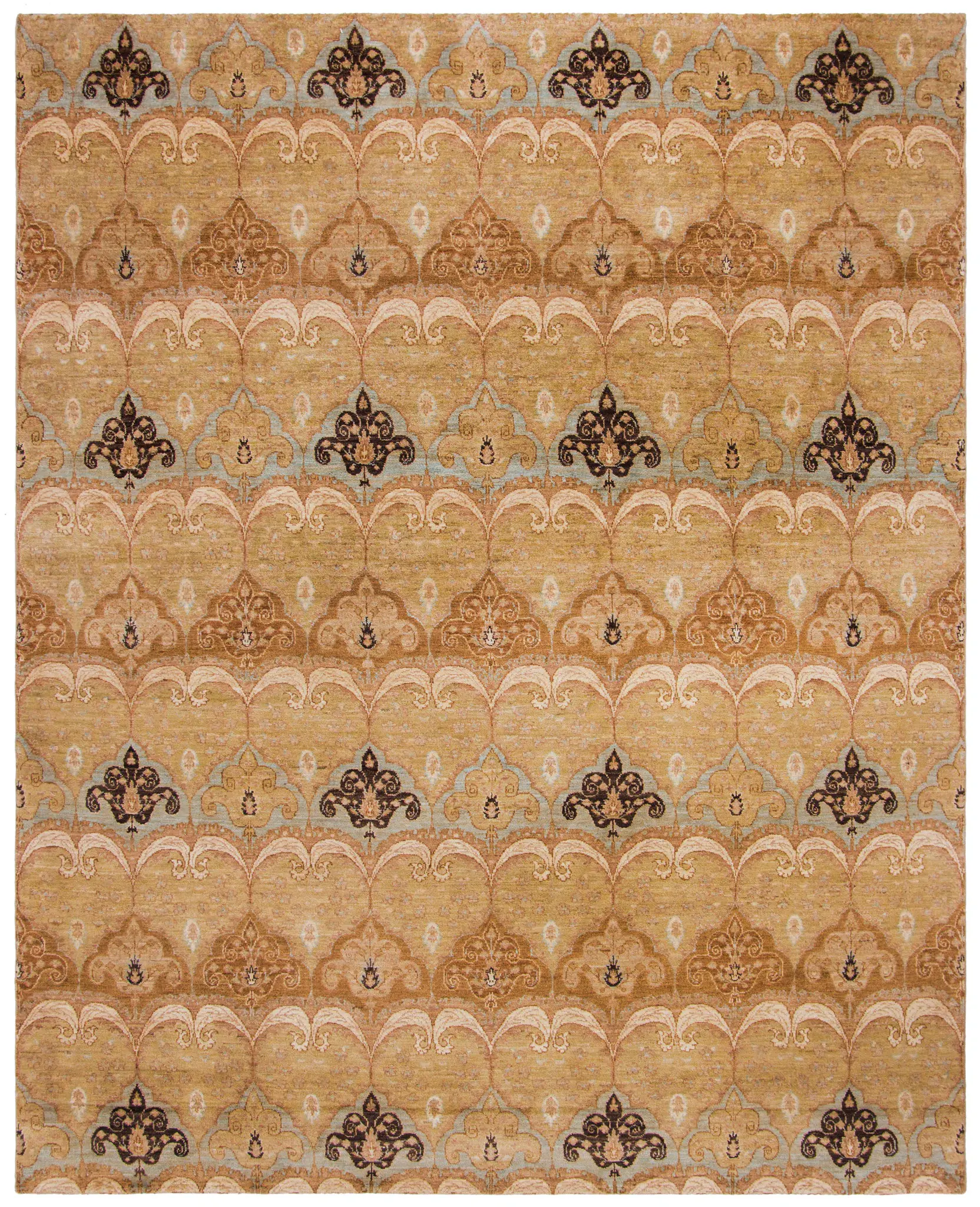 Asian Fusion Banded Floral Hand-Knotted Wool Rug