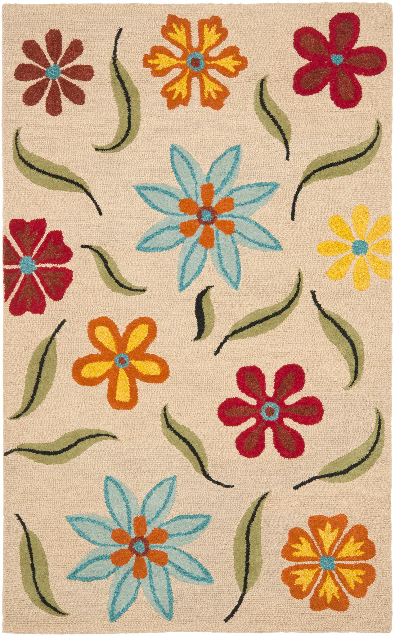 Blossom Floral And Leaf Hand-Hooked Wool Rug