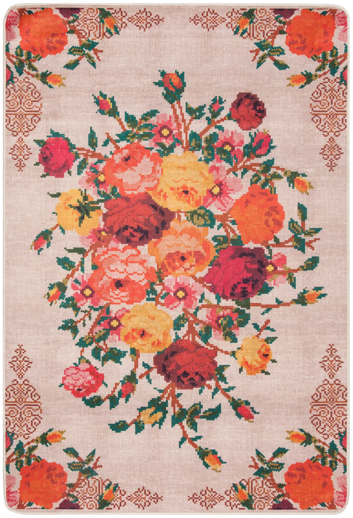 Daytona Cross Stitch Floral Washable Rug