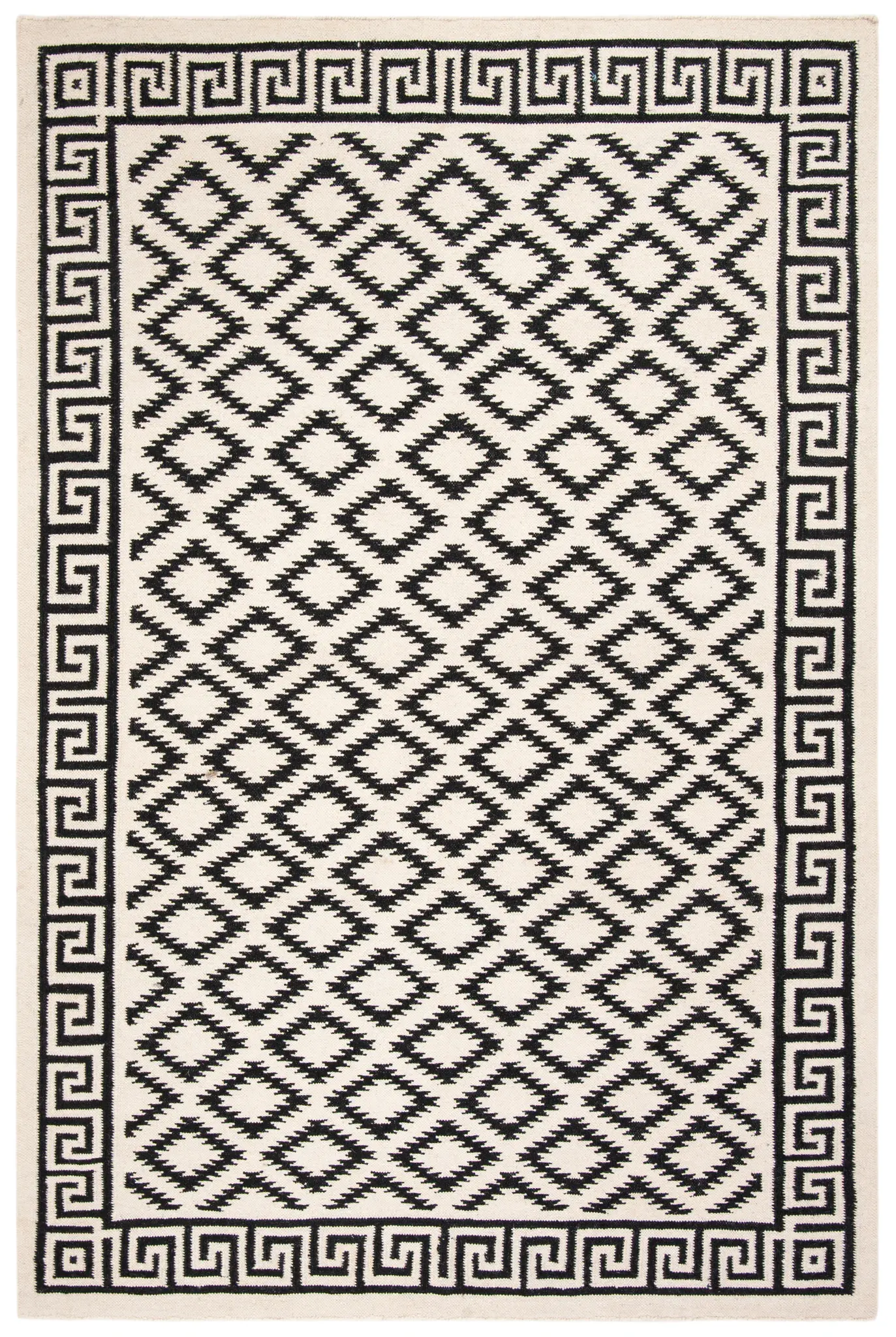 Dhurries Greek Key And Diamond Hand-Woven Wool Rug