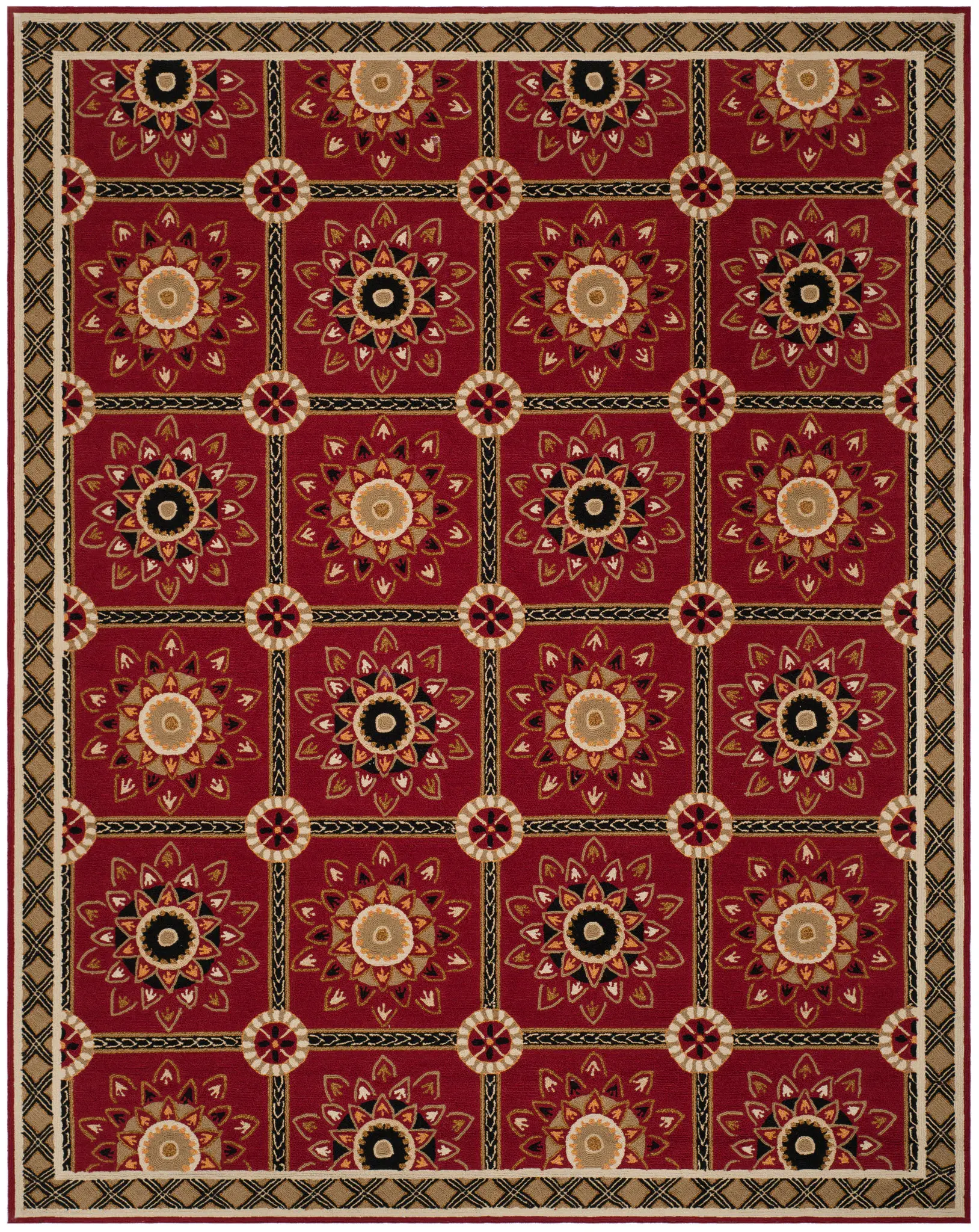 Easy Care Floral Grid Hand-Hooked Rug