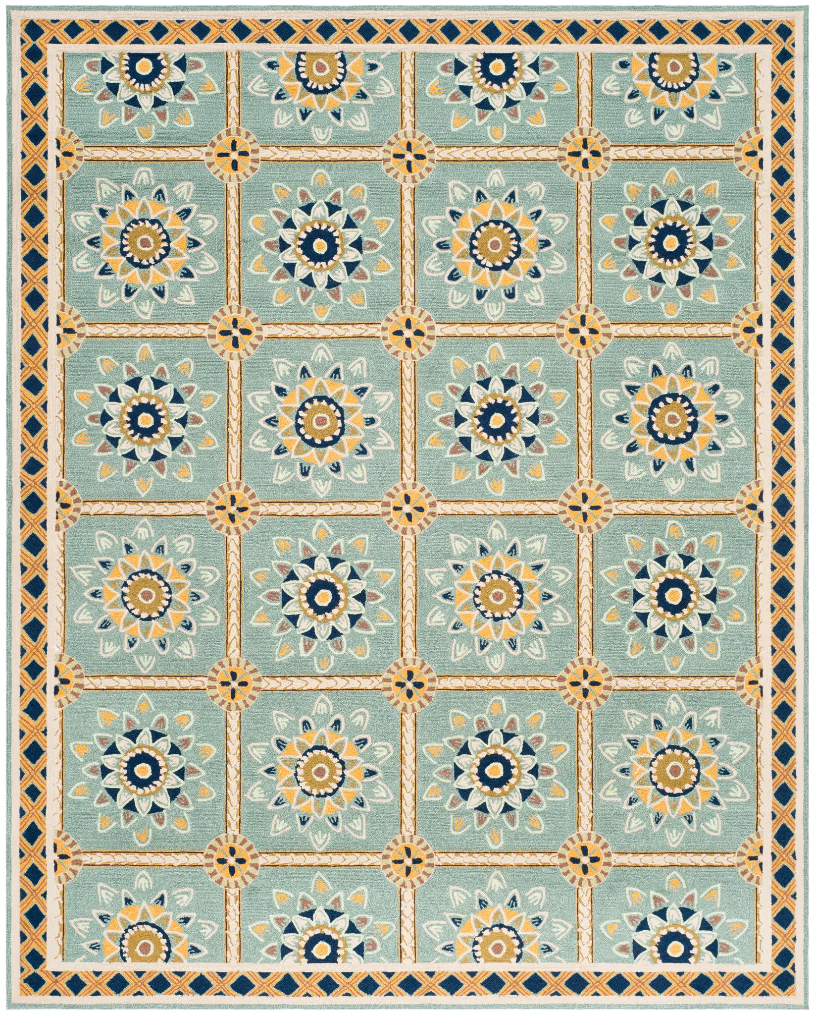 Easy Care Floral Grid Hand-Hooked Rug
