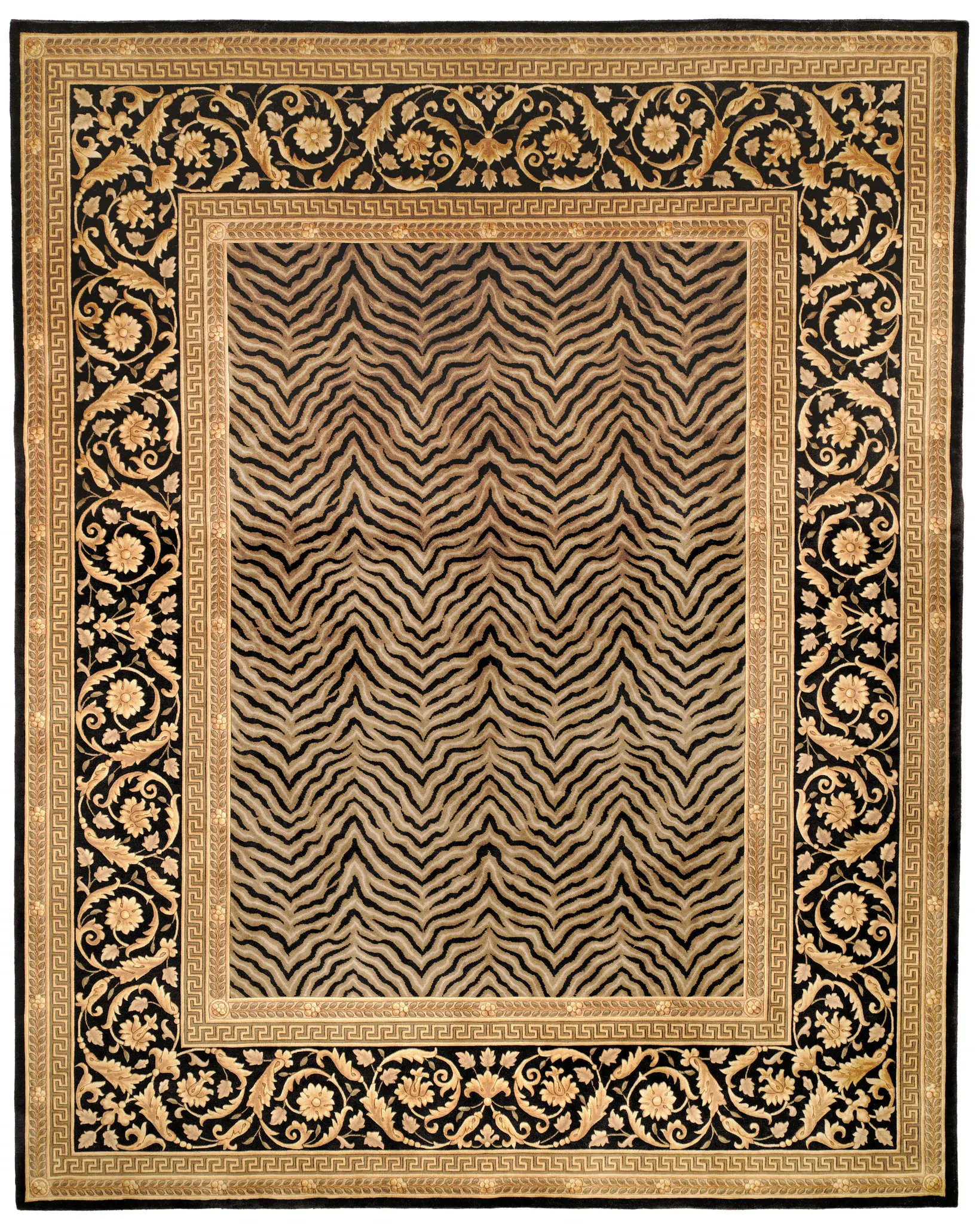 Florence Tiger Stripe And Floral Border Hand-Knotted Wool Rug
