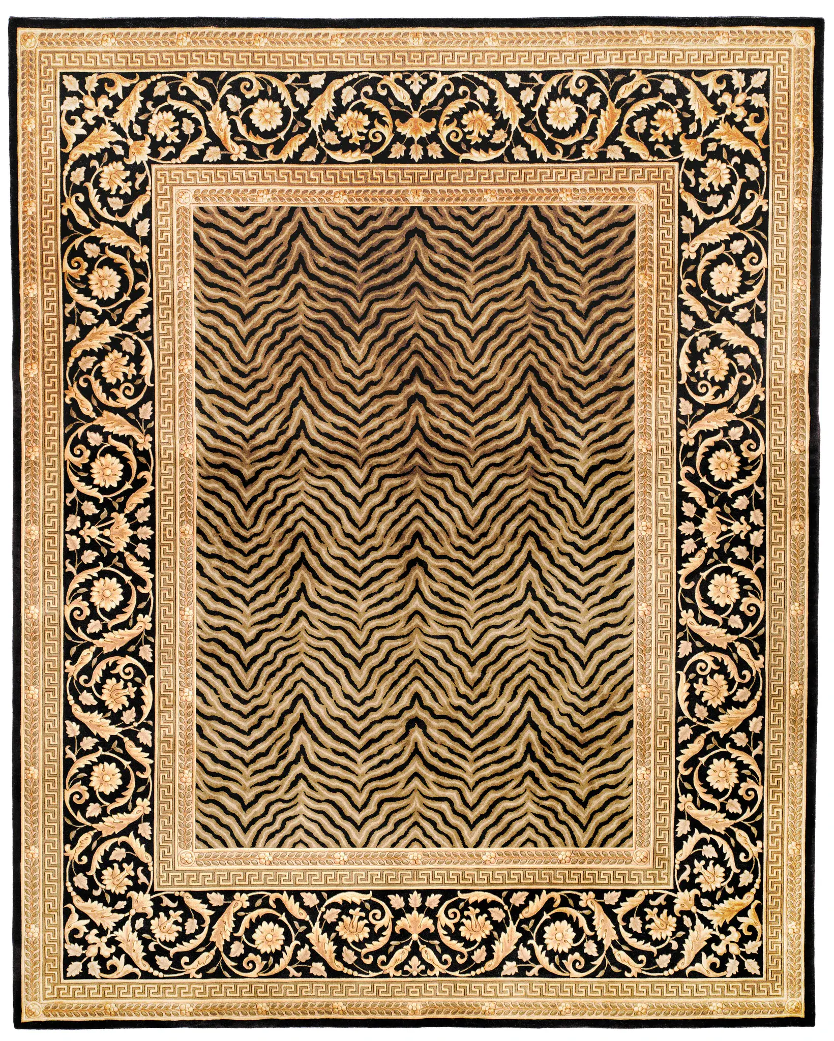 Florence Tiger Stripe And Floral Border Hand-Knotted Wool Rug