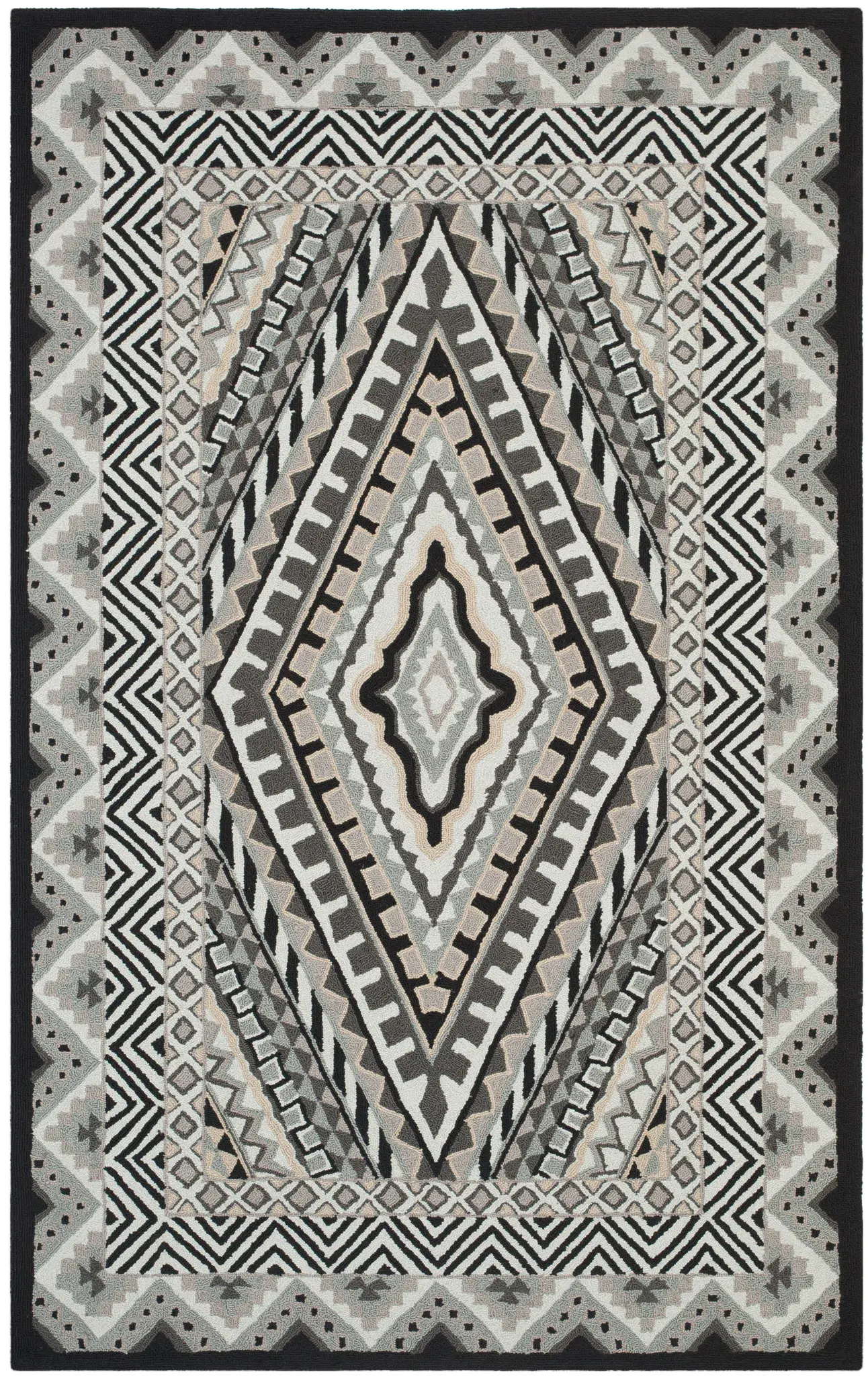 Four Seasons Geometric Border Hand-Hooked Rug
