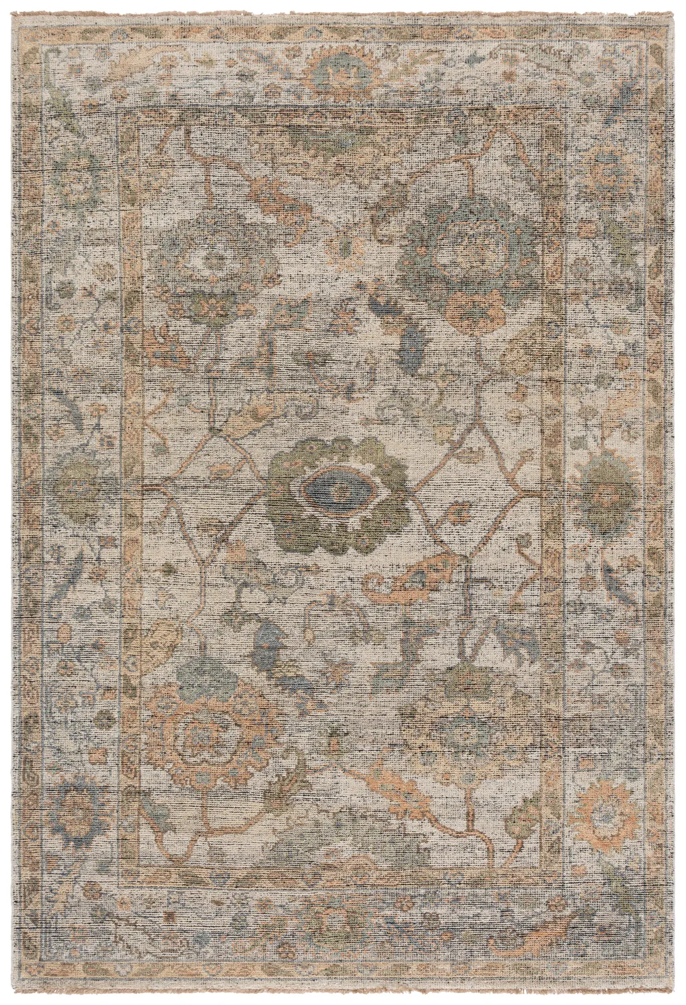 Izmir Faded Floral Bordered Hand-Knotted Wool Rug