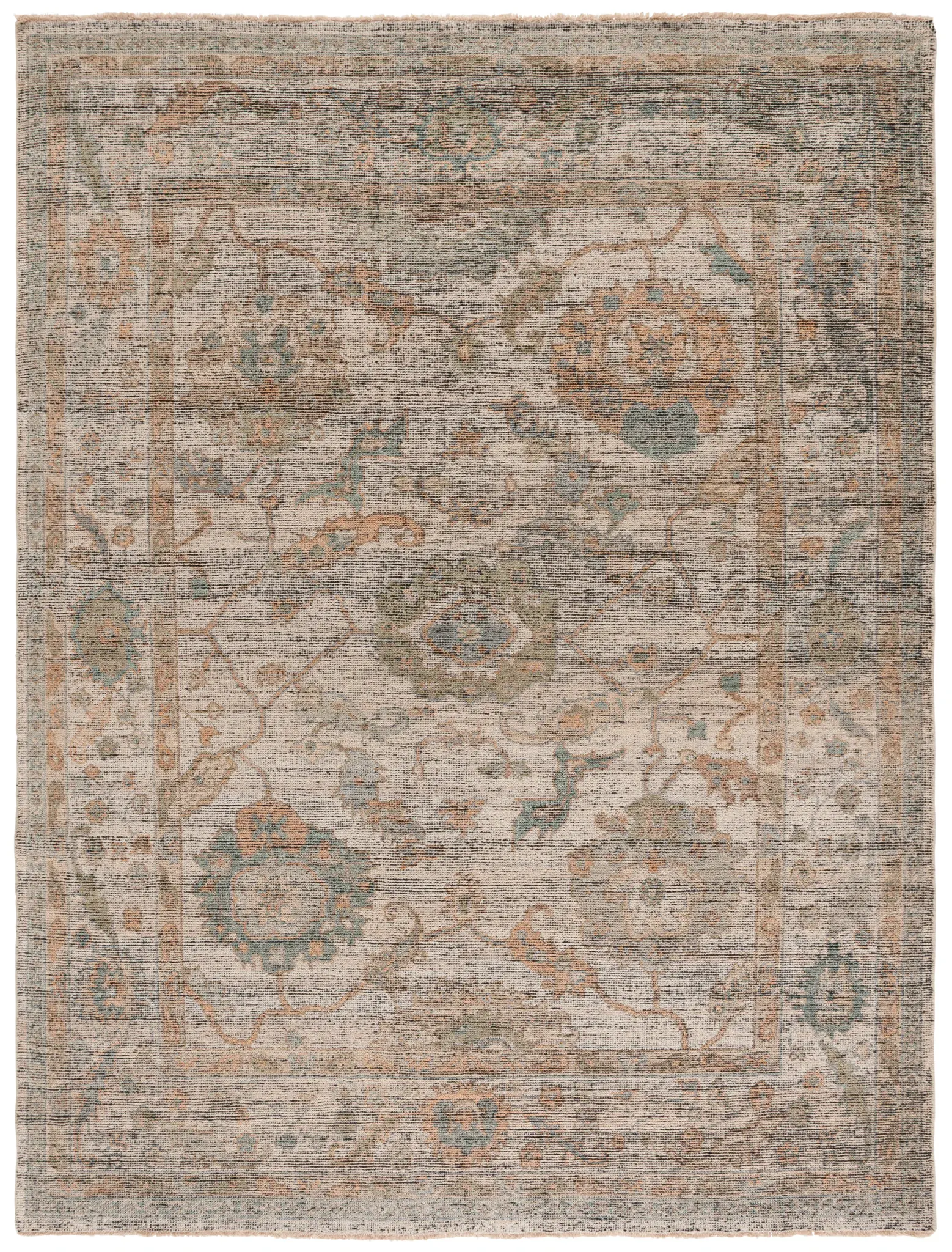 Izmir Faded Floral Bordered Hand-Knotted Wool Rug