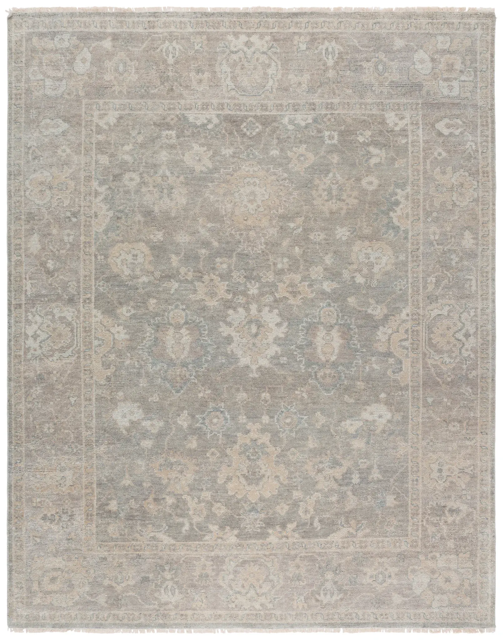 Izmir Distressed Floral Border Hand-Knotted Wool Rug