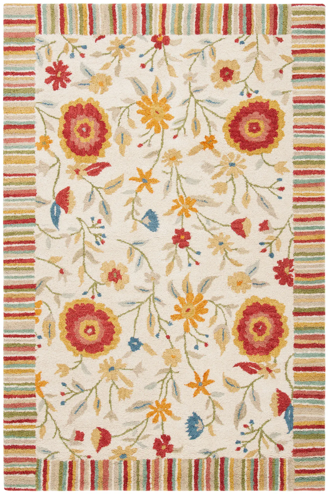 Jardin Striped Border Floral Hand-Tufted Wool Rug