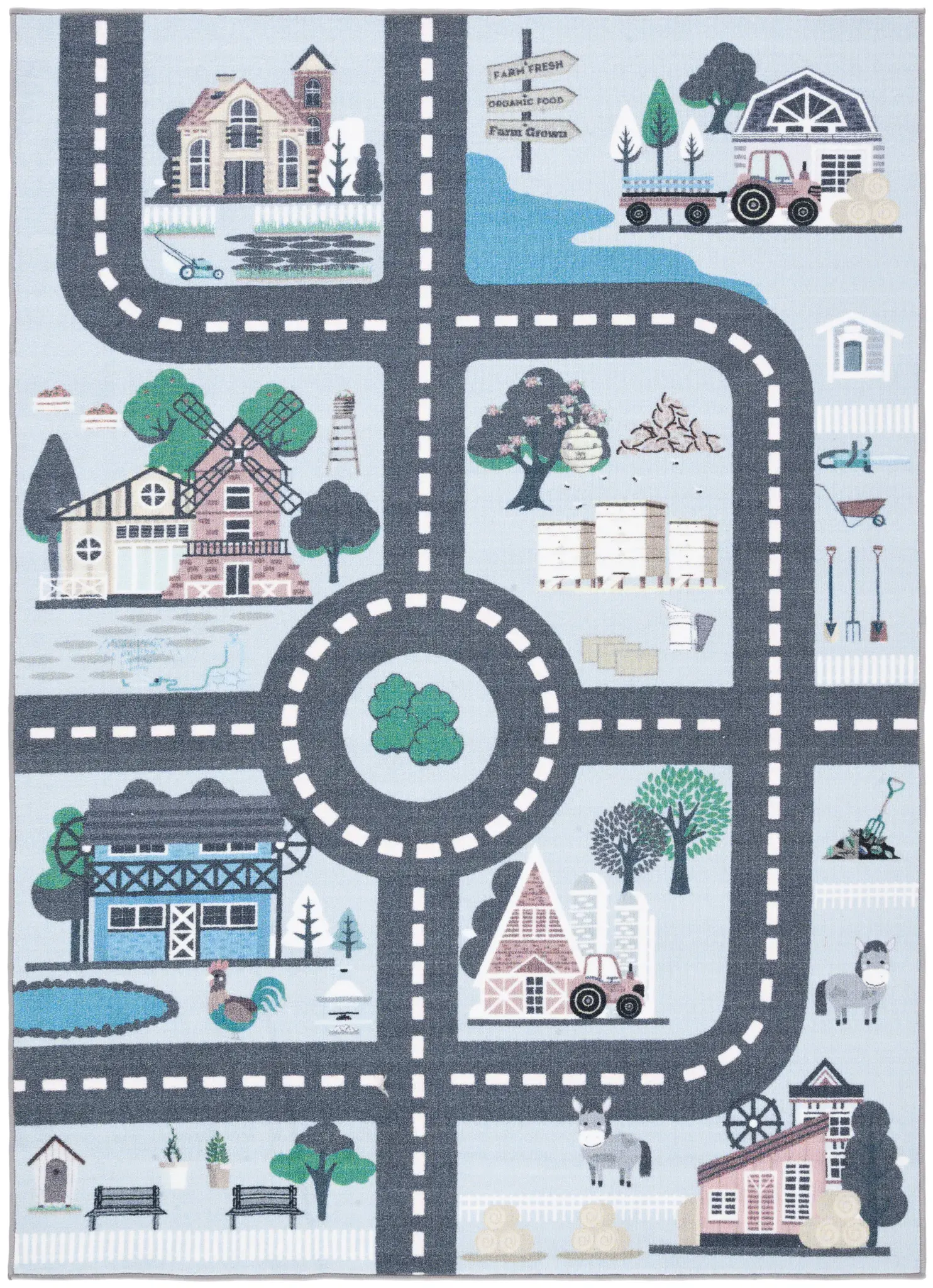 Kids Playhouse Farm Road Map Washable Rug