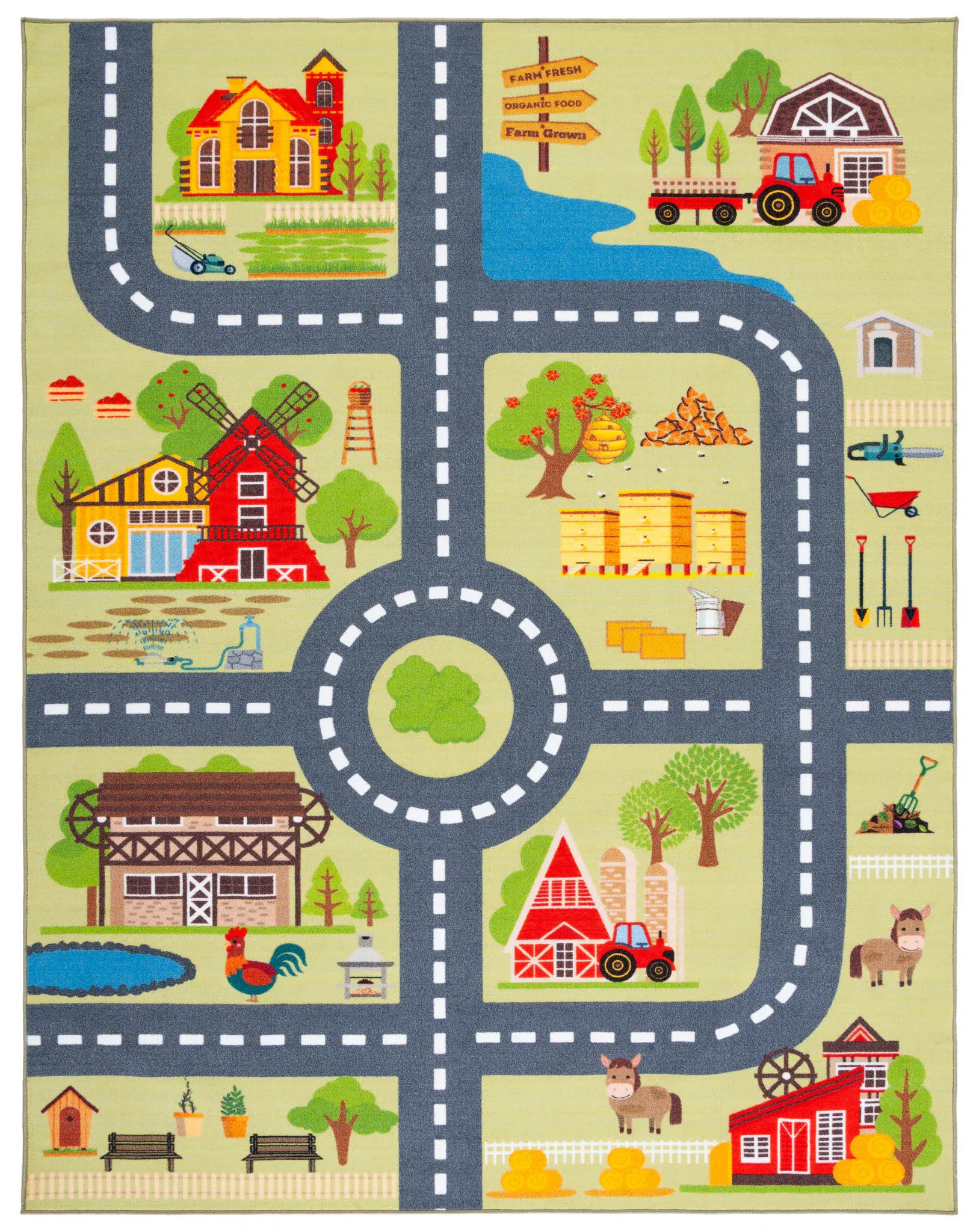 Kids Playhouse Farm Road Map Washable Rug