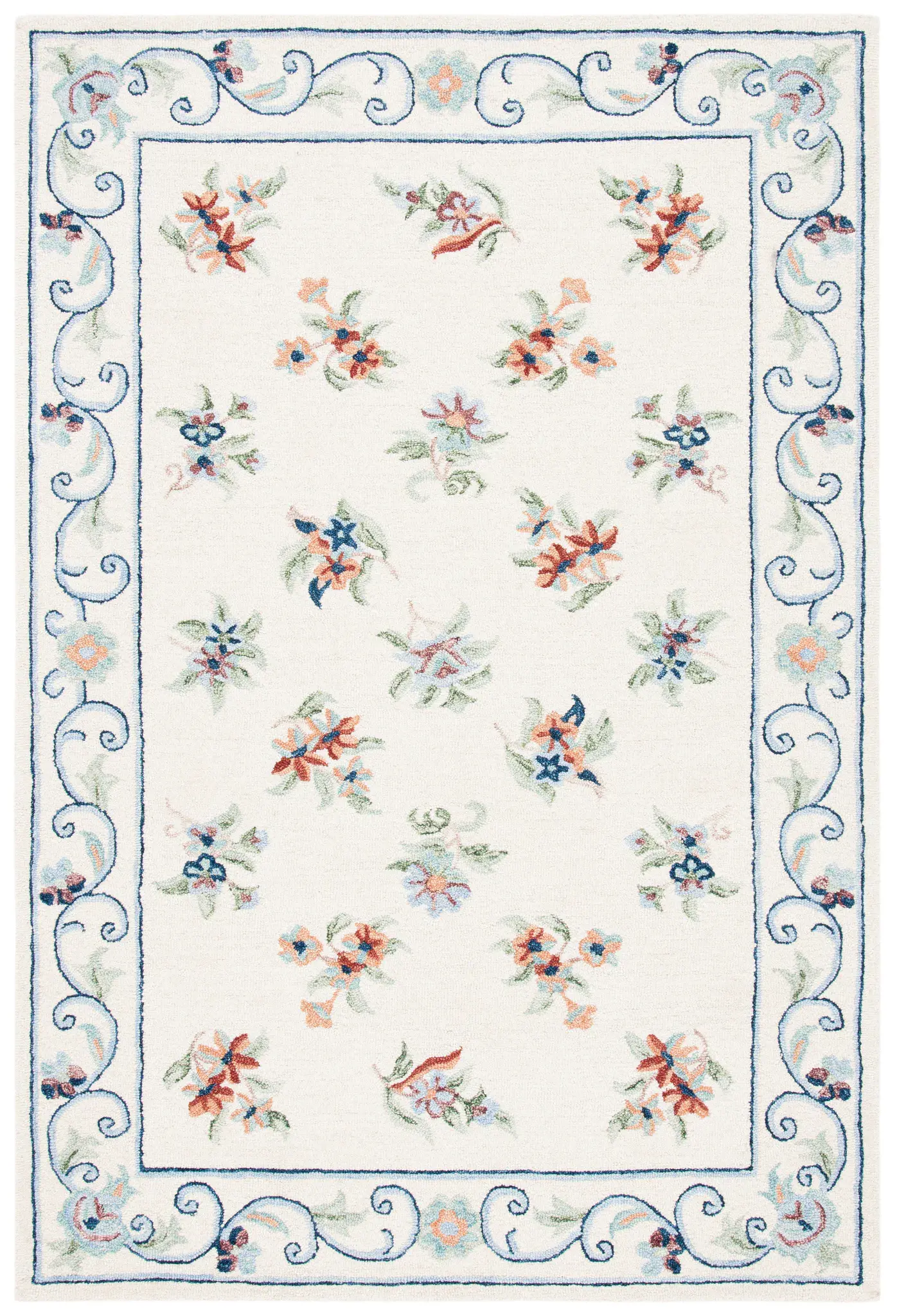 Micro-Loop Floral Sprig Border Hand-Tufted Wool Rug