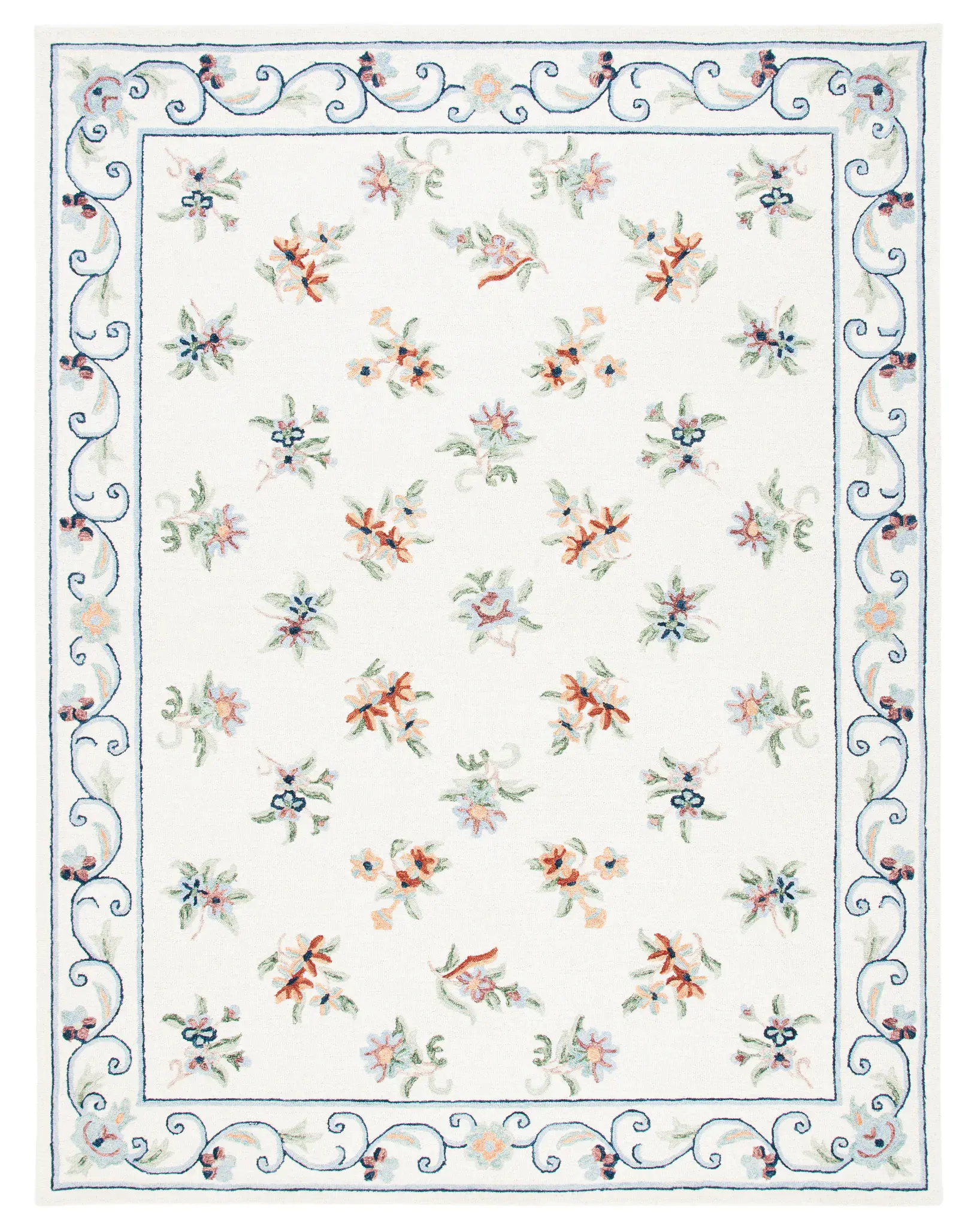 Micro-Loop Floral Sprig Border Hand-Tufted Wool Rug