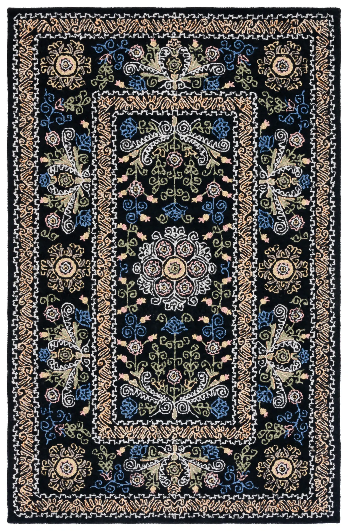 Micro-Loop Embroidered Floral Border Hand-Tufted Wool Rug
