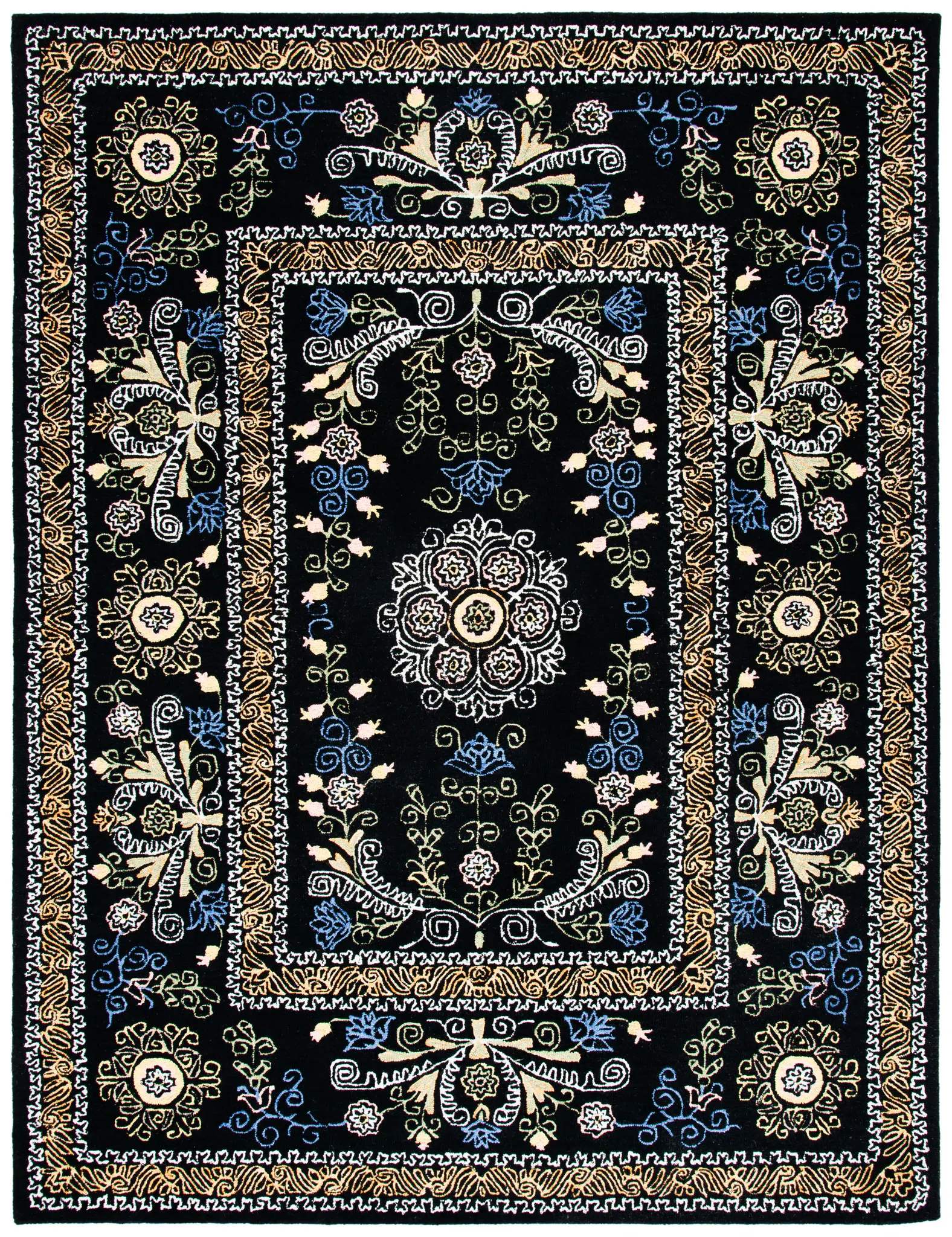 Micro-Loop Embroidered Floral Border Hand-Tufted Wool Rug