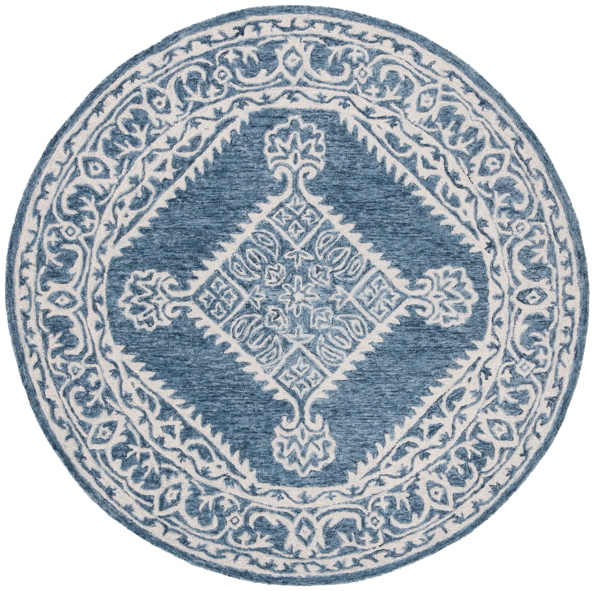 Micro-Loop Diamond Medallion Border Hand-Tufted Wool Rug