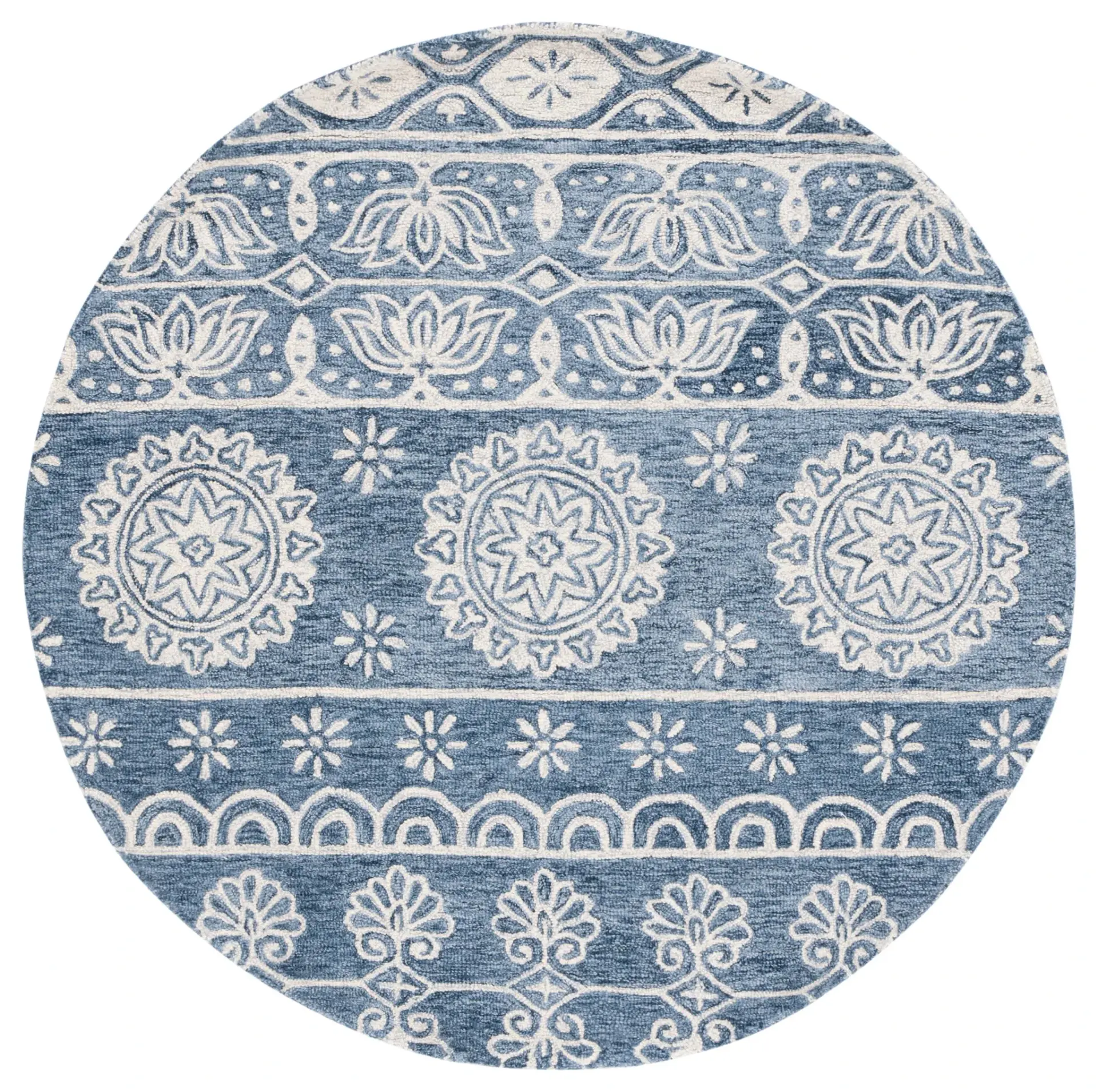Micro-Loop Banded Medallion Hand-Tufted Wool Rug