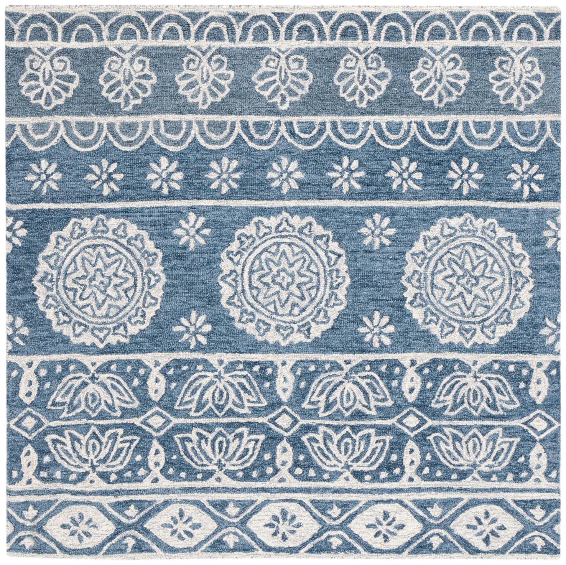 Micro-Loop Banded Medallion Hand-Tufted Wool Rug