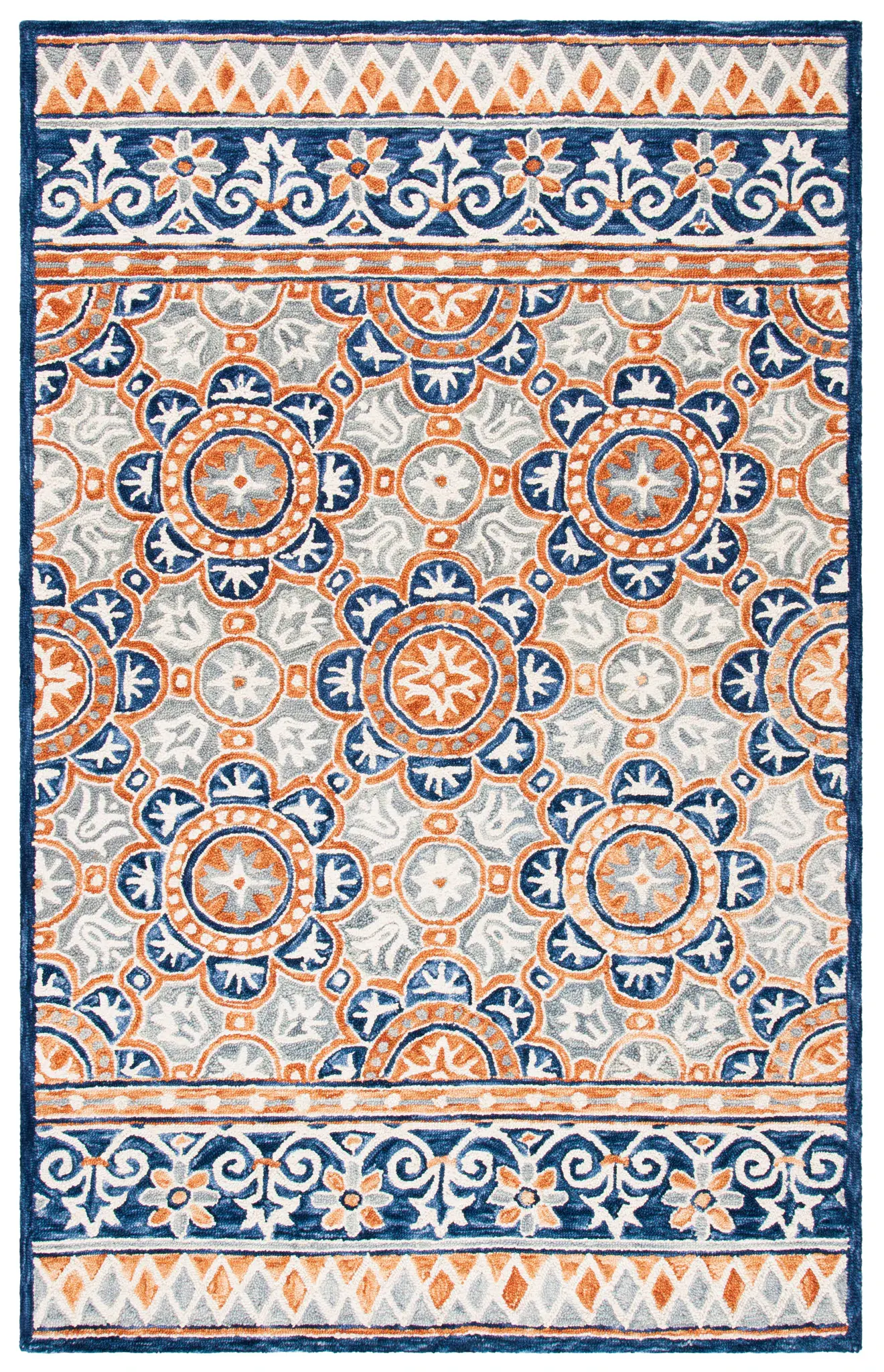 Micro-Loop Rosette Tile Banded Hand-Tufted Wool Rug