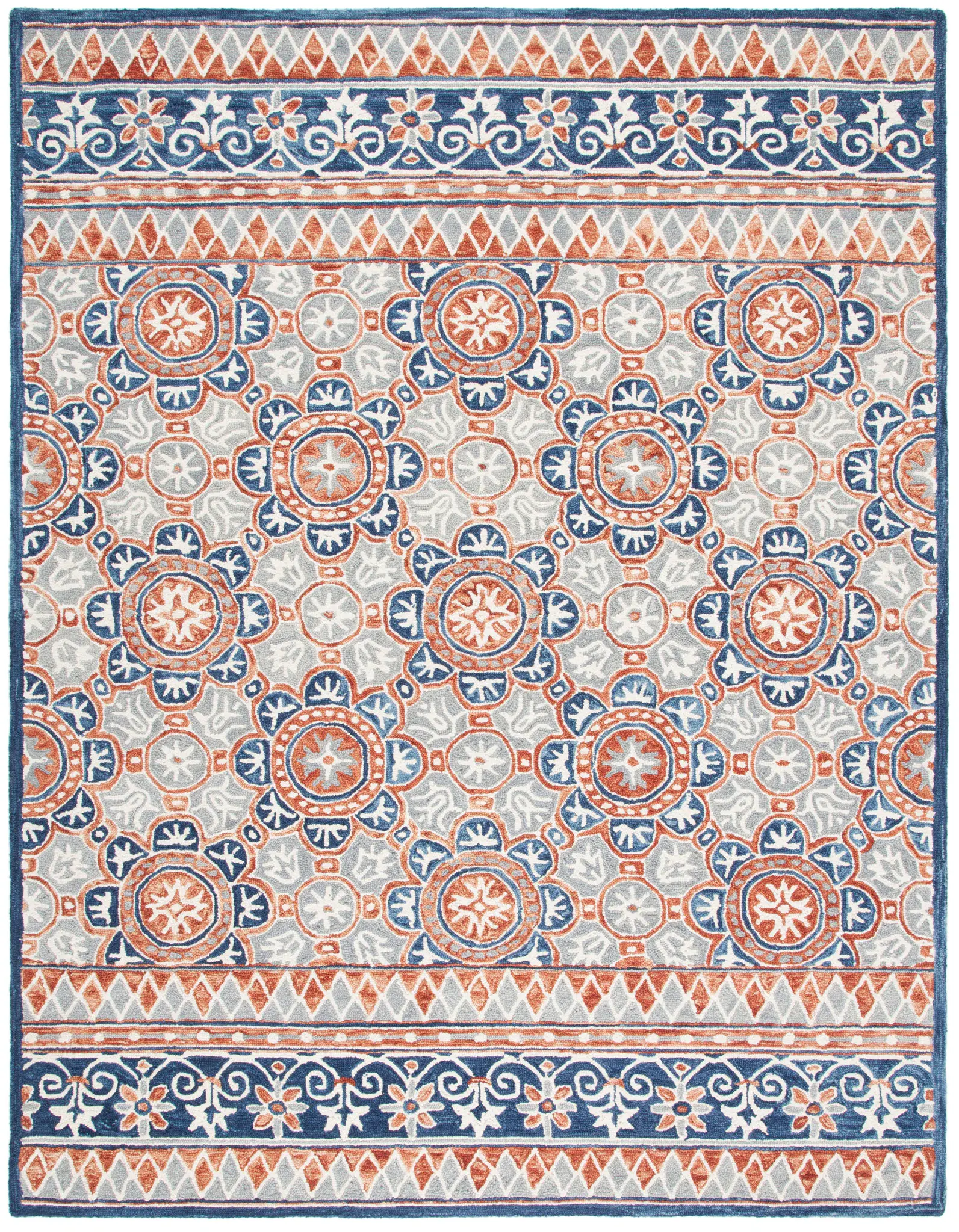 Micro-Loop Rosette Tile Banded Hand-Tufted Wool Rug