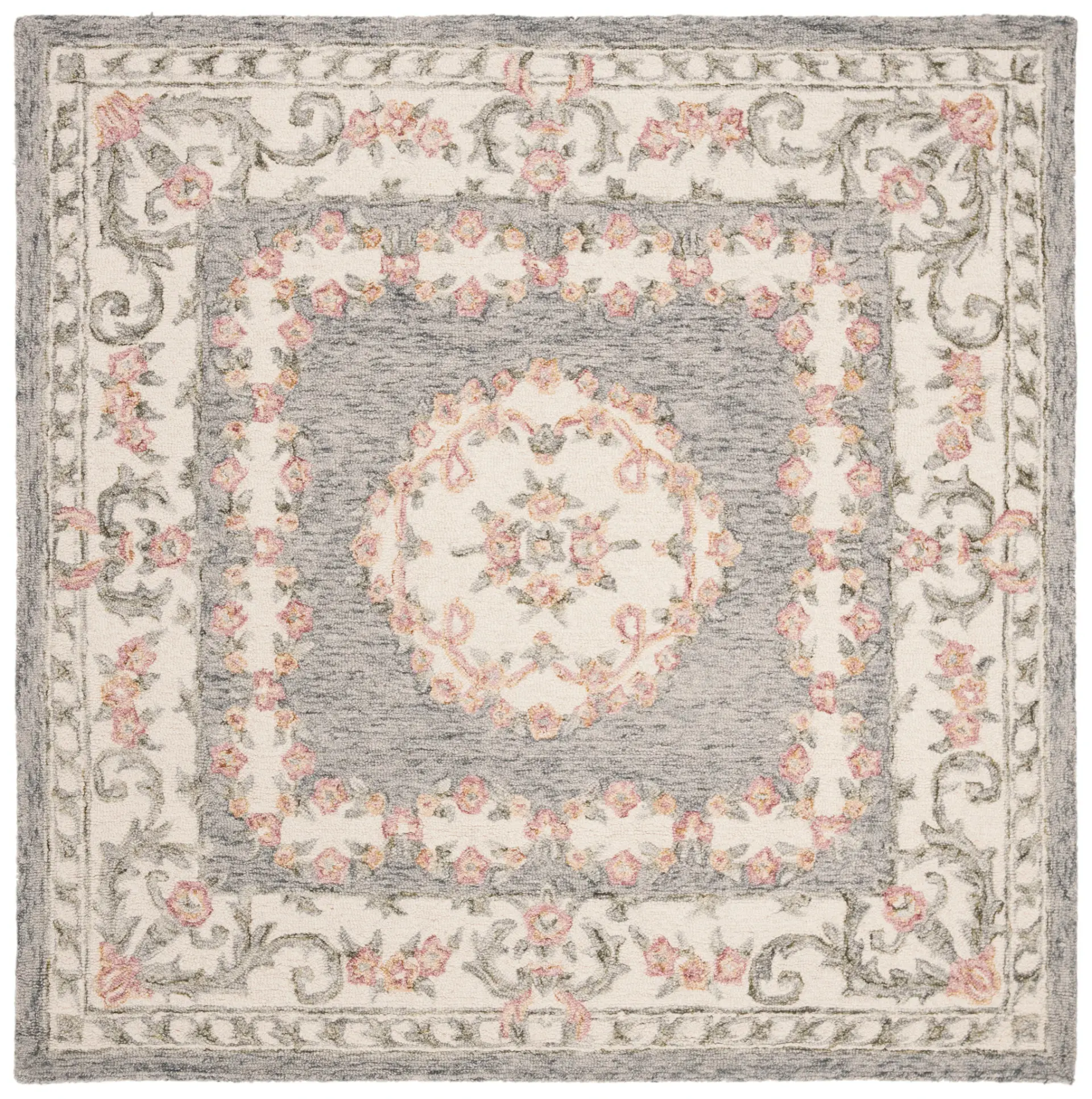 Micro-Loop Floral Cartouche Hand-Tufted Wool Rug