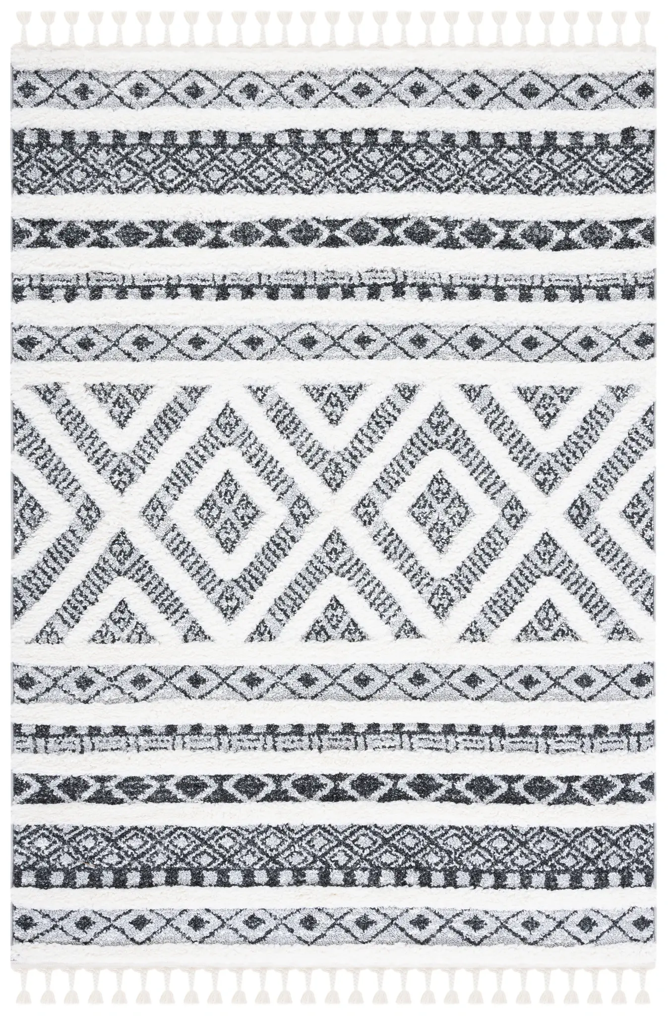 Moroccan Tassel Banded Diamond Shag Rug