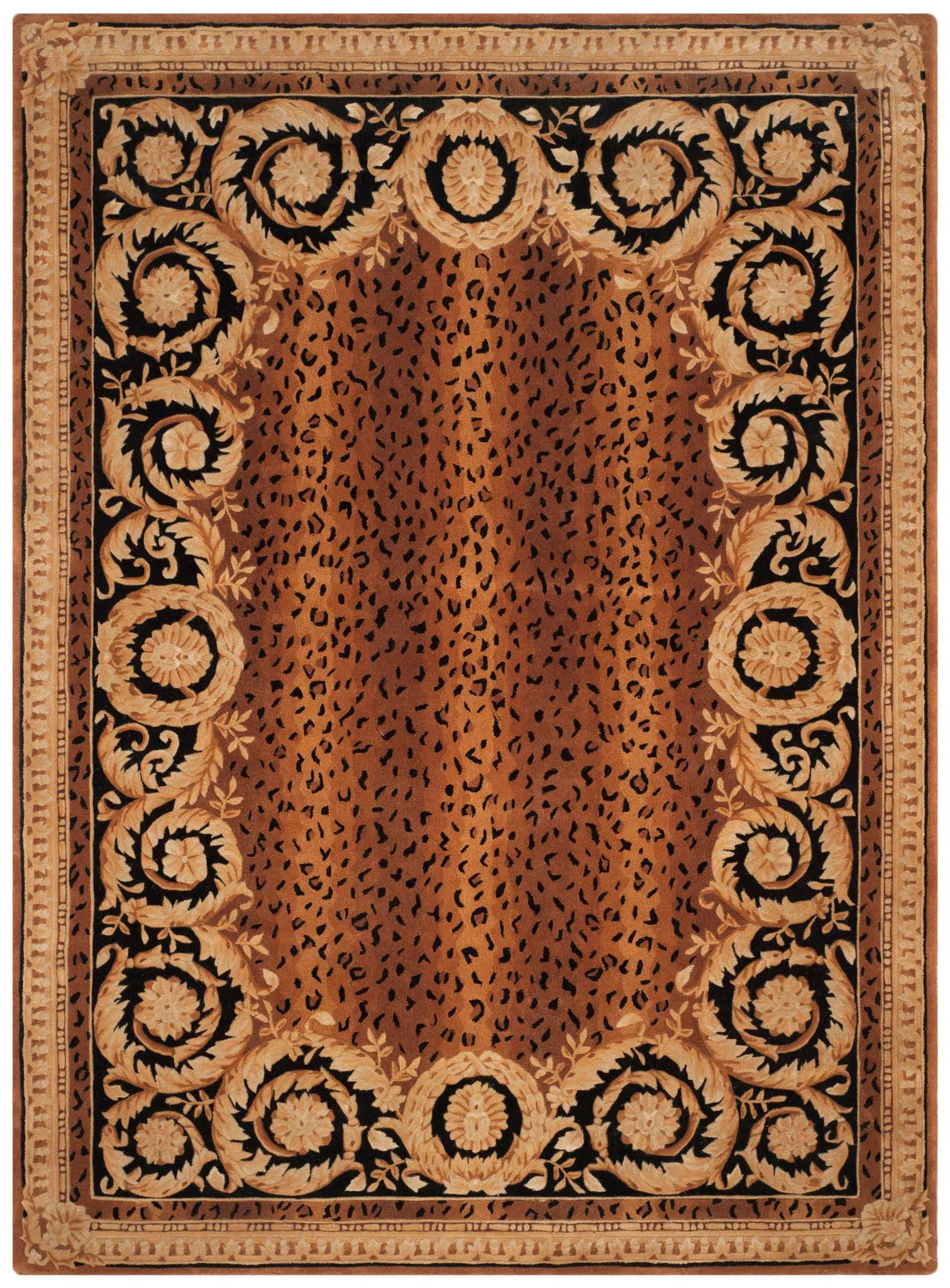 Naples Leopard And Floral Border Hand-Tufted Wool Rug
