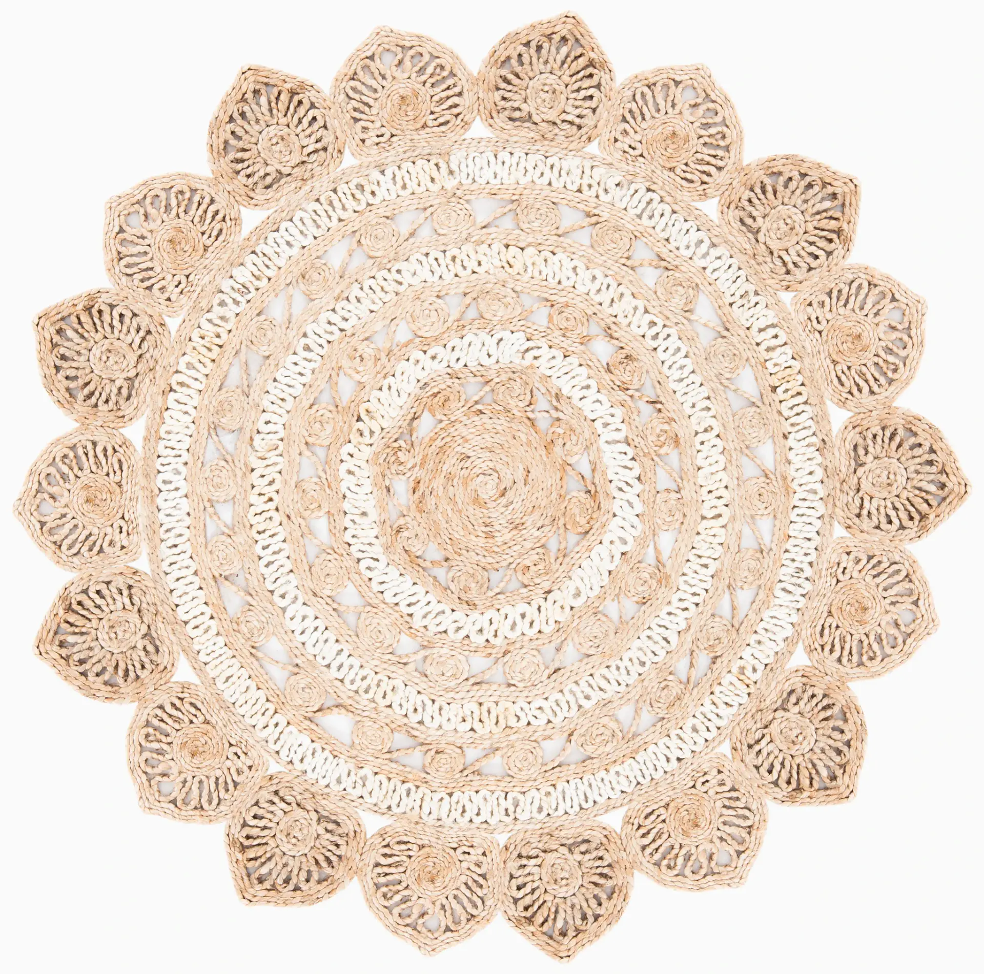 Natural Fiber Scalloped Round Hand-Woven Jute Rug