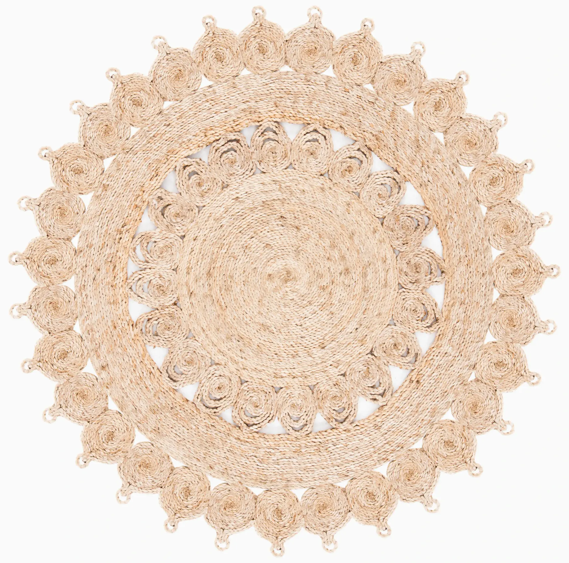 Natural Fiber Scalloped Rosette Hand-Woven Jute Rug