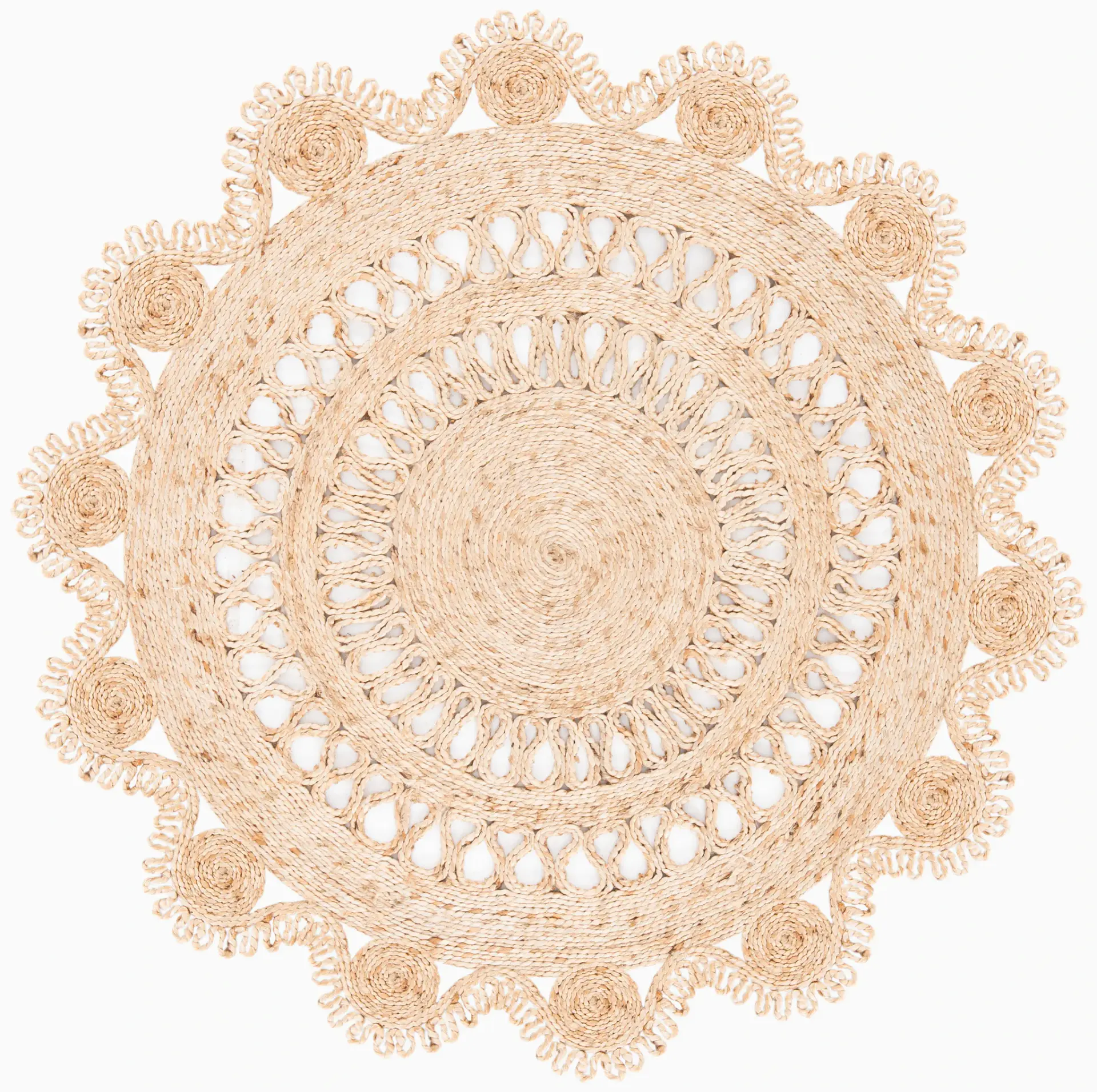 Natural Fiber Scalloped Open Loop Hand-Woven Jute Rug