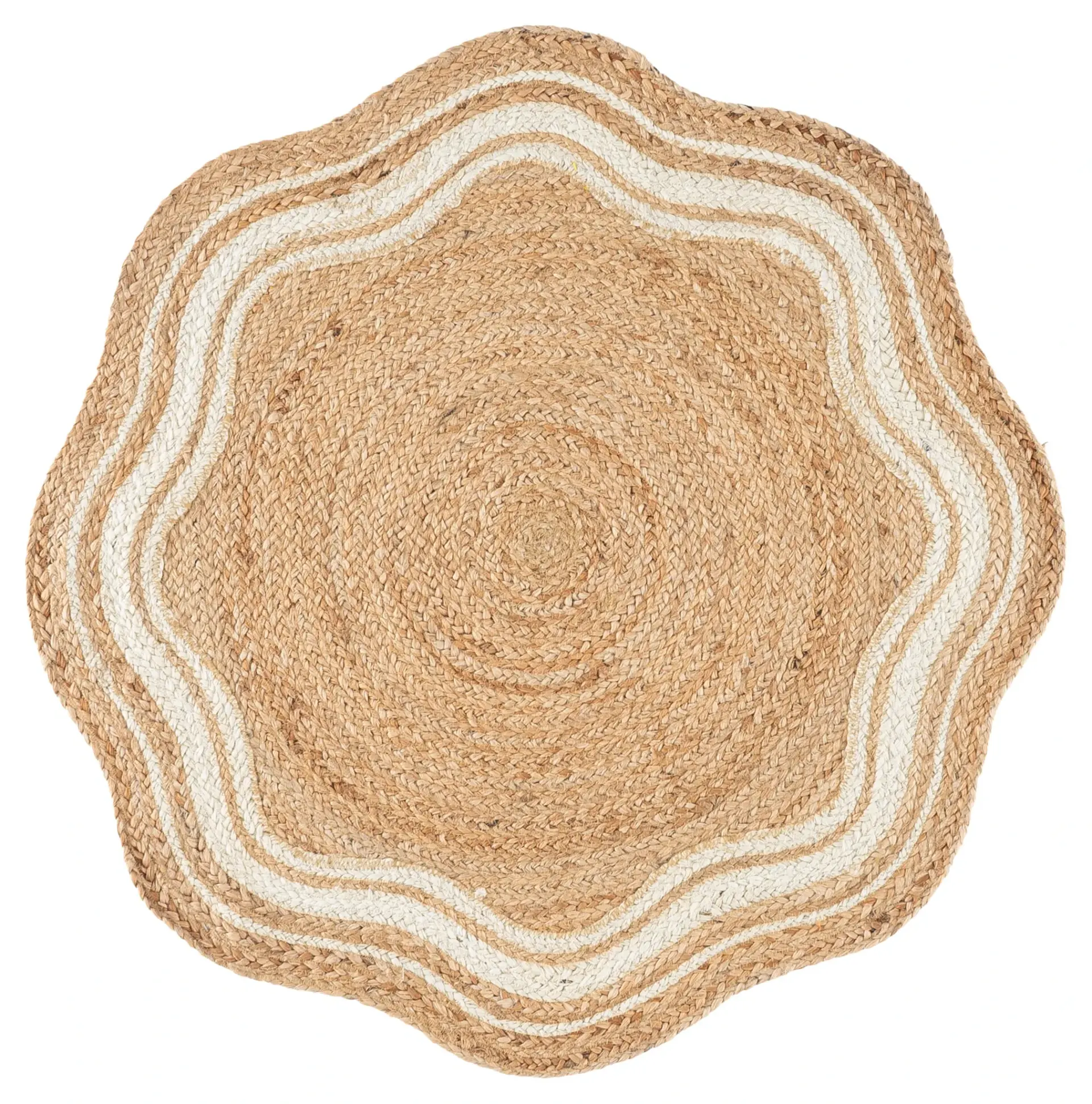 Natural Fiber Scalloped Floral Round Hand-Woven Jute Rug