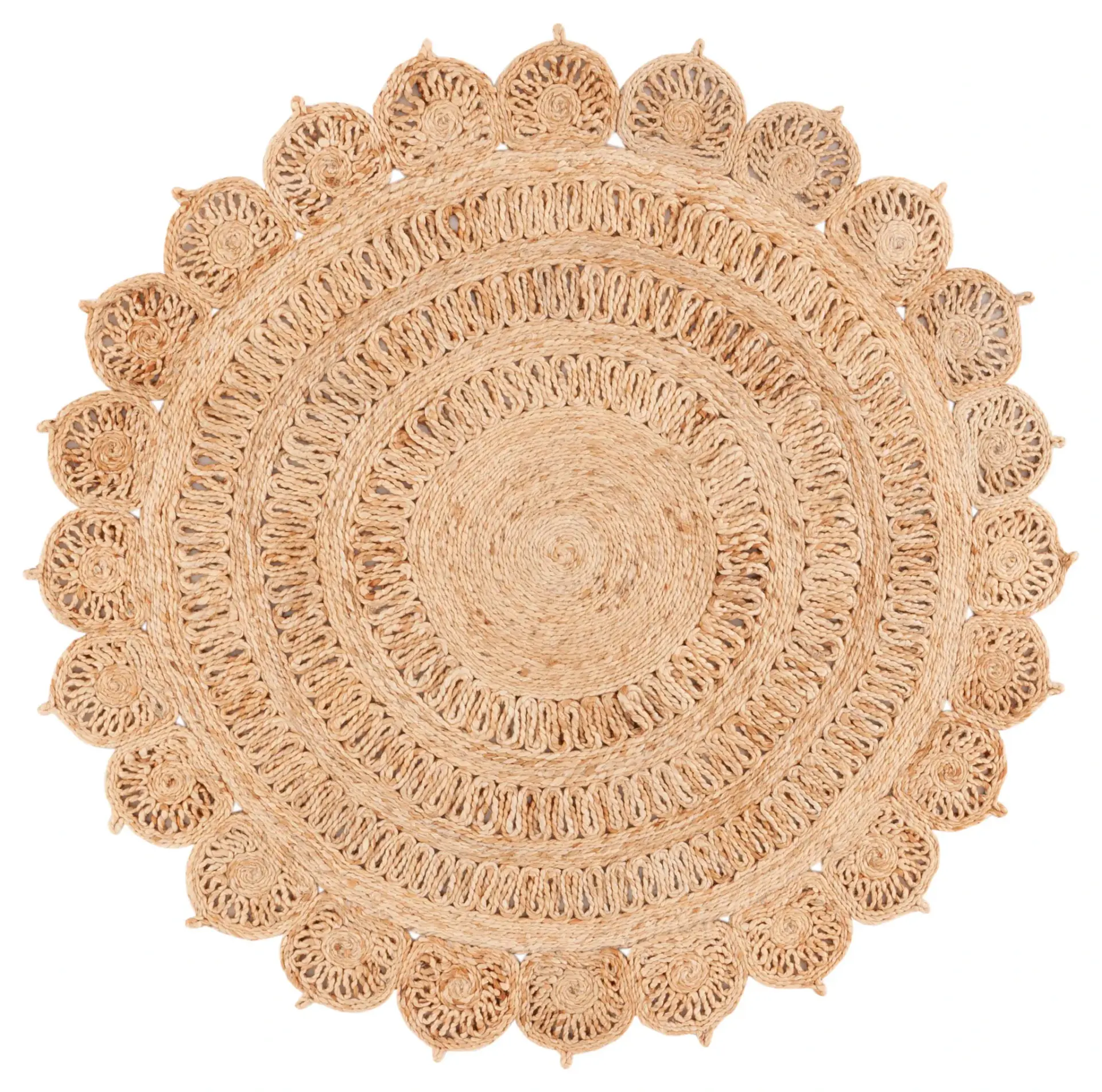 Natural Fiber Looped Scalloped Round Hand-Woven Jute Rug