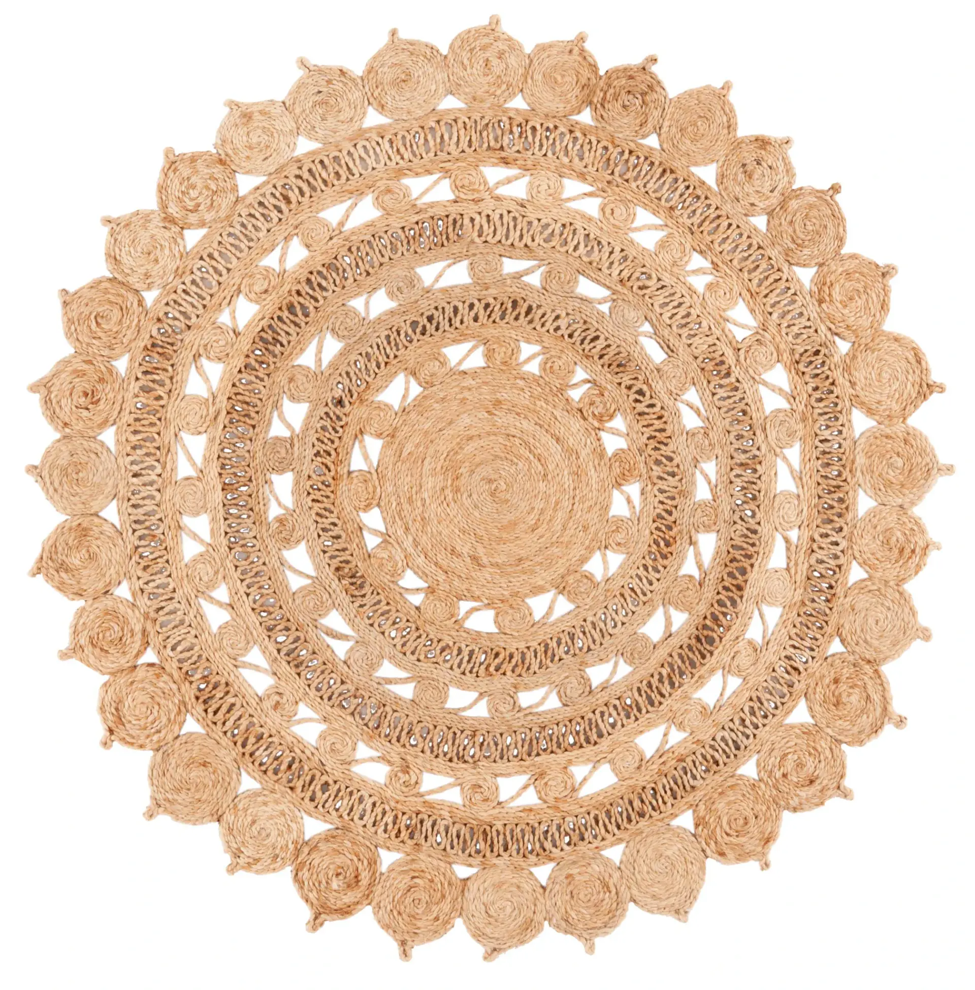Natural Fiber Wheel Scalloped Round Hand-Woven Jute Rug