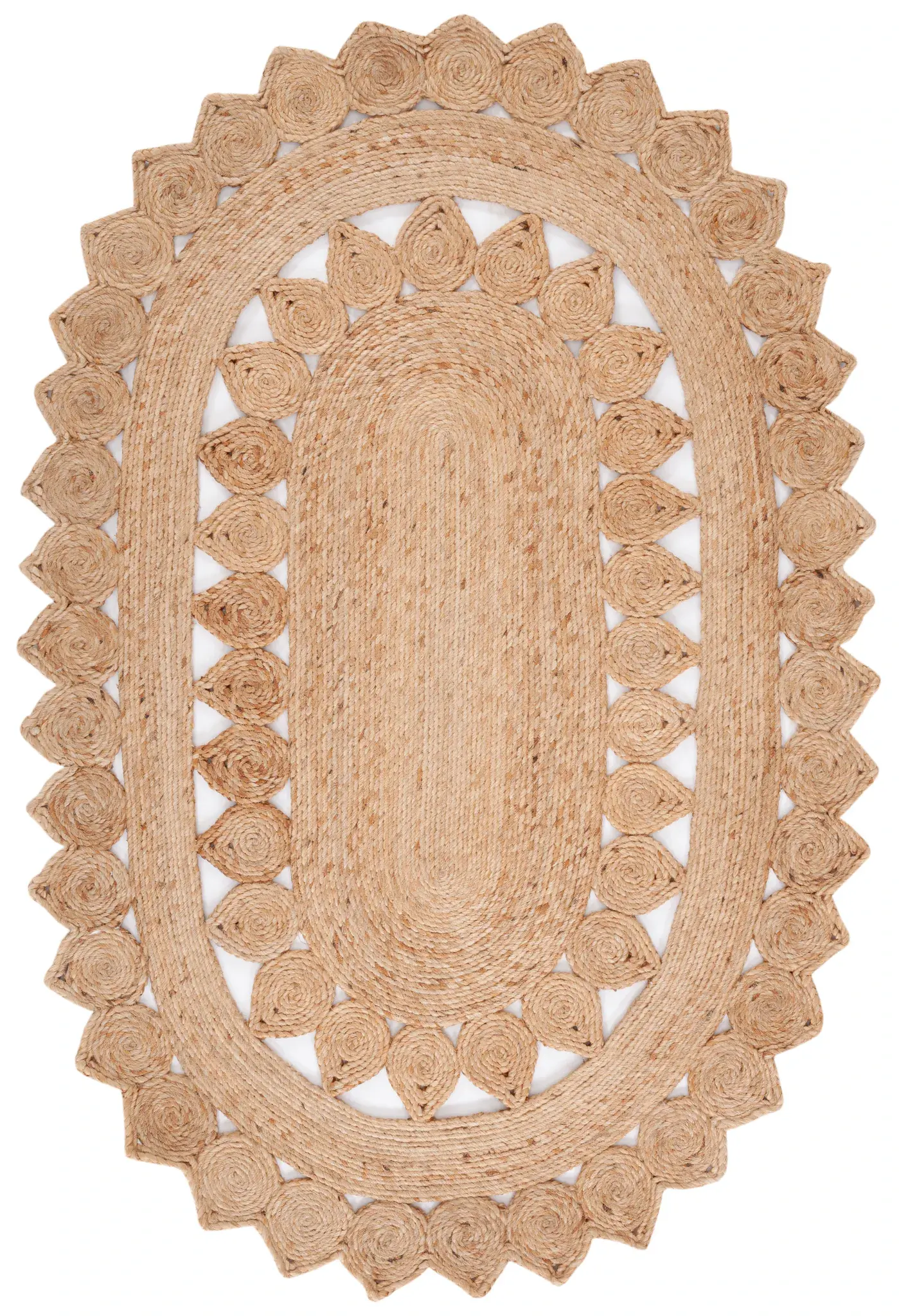 Natural Fiber Teardrop Scalloped Round Hand-Woven Jute Rug