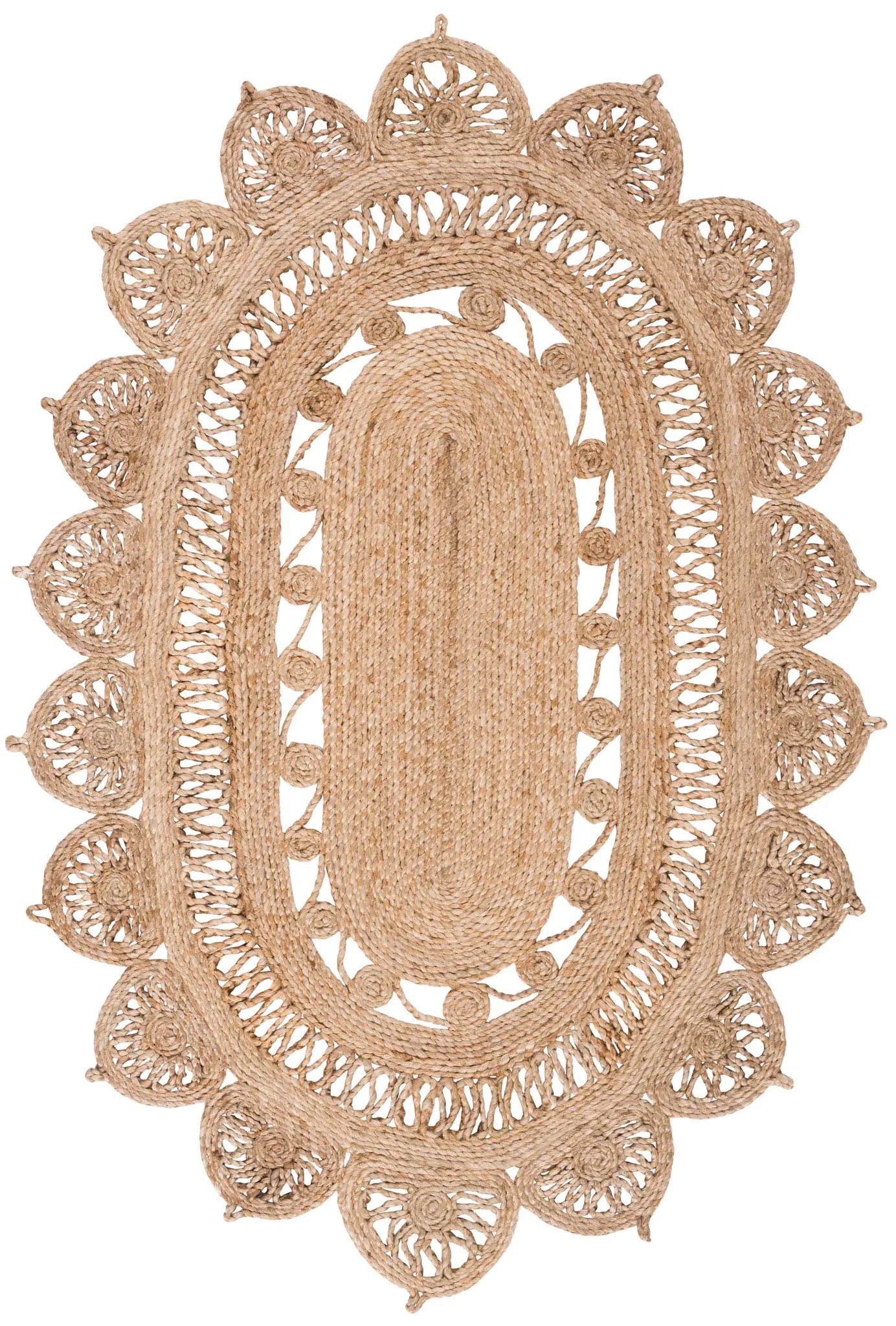 Natural Fiber Hand-Woven Scalloped Oval Jute Rug