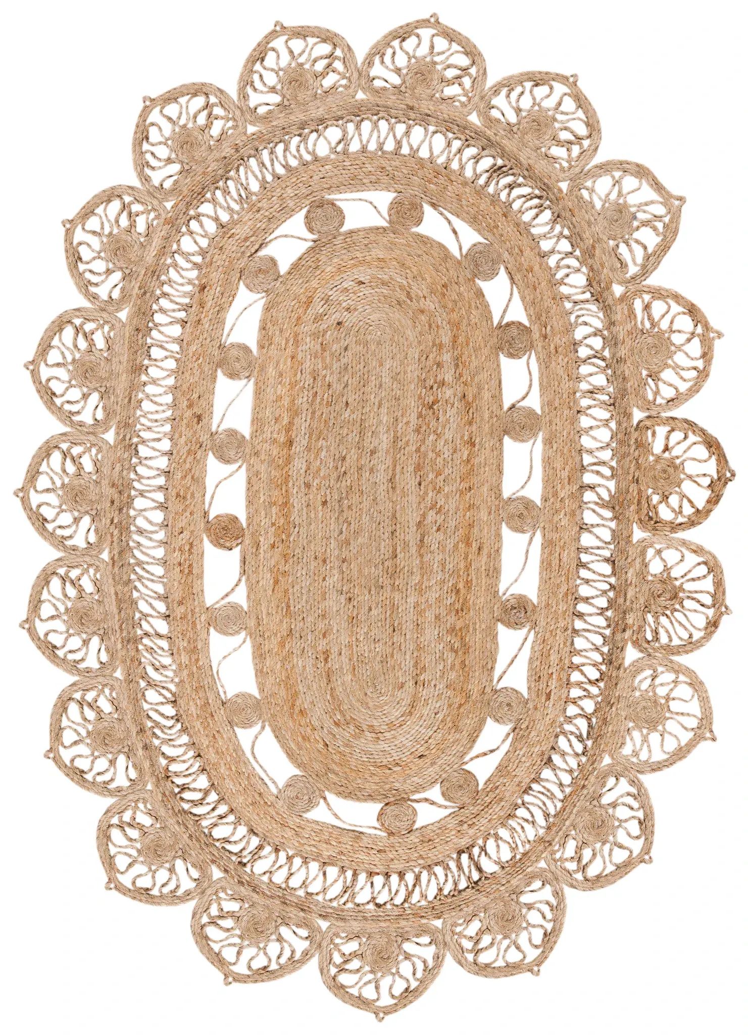 Natural Fiber Hand-Woven Scalloped Oval Jute Rug