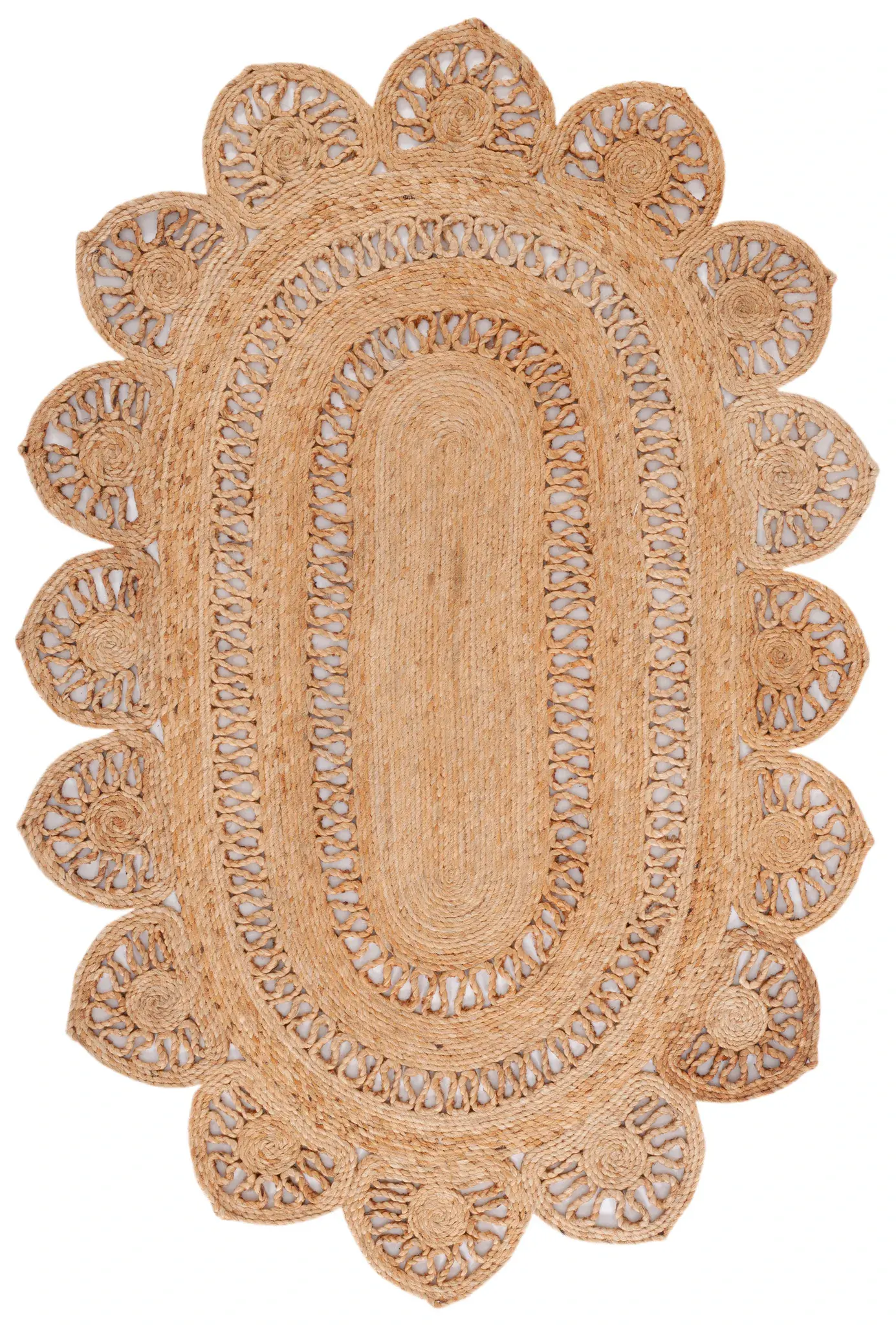 Natural Fiber Openwork Scalloped Round Hand-Woven Jute Rug