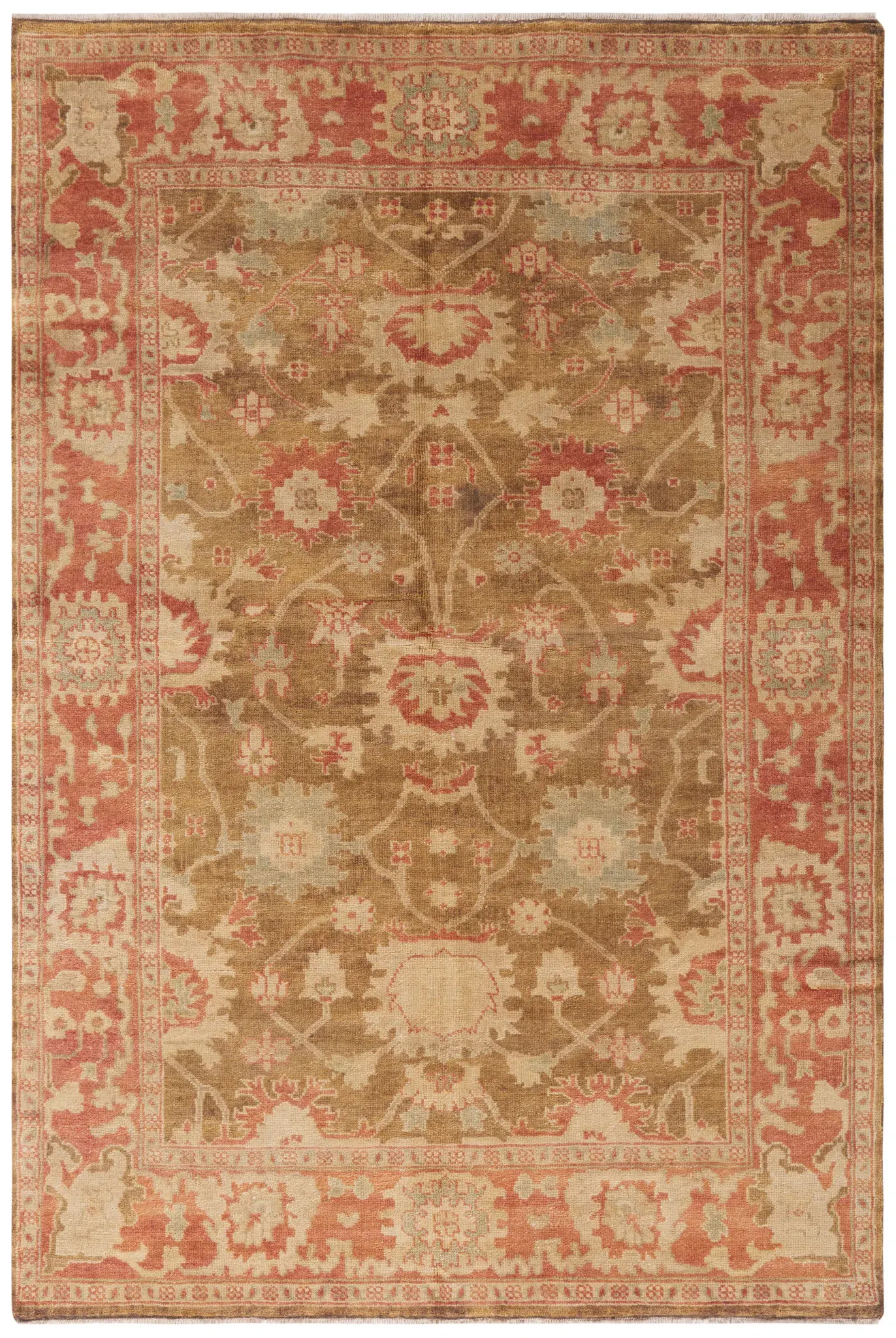 Oushak Faded Floral Bordered Hand-Knotted Wool Rug