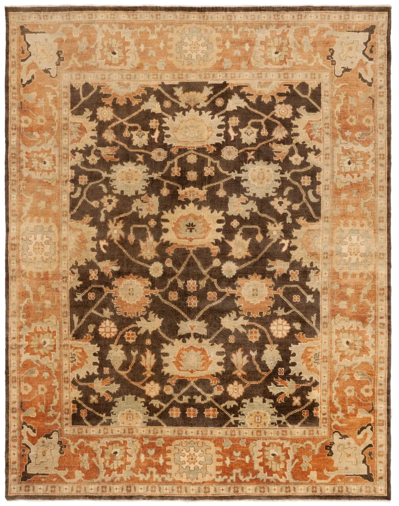 Oushak Faded Floral Bordered Hand-Knotted Wool Rug