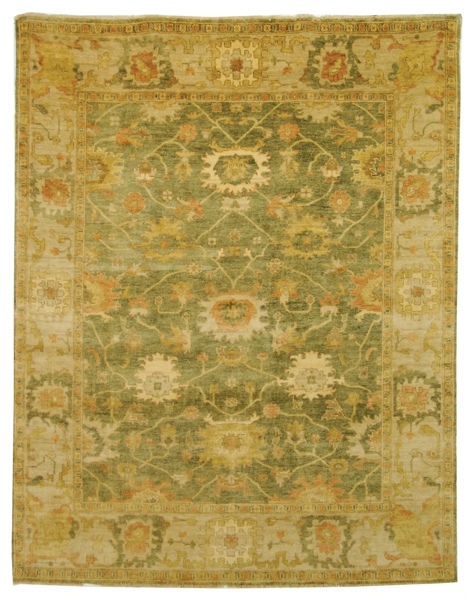 Oushak Faded Floral Bordered Hand-Knotted Wool Rug