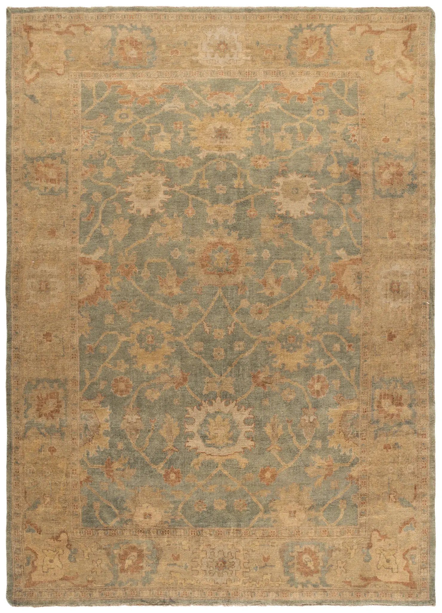 Oushak Faded Floral Bordered Hand-Knotted Wool Rug